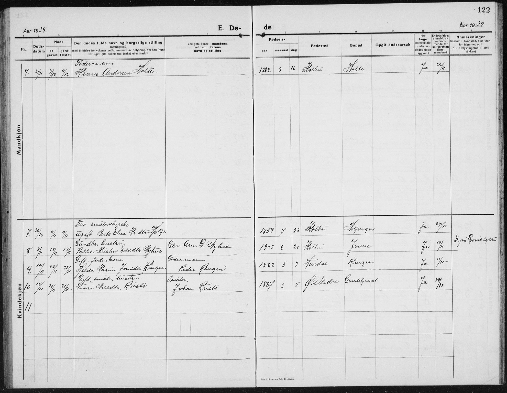 Kolbu prestekontor, SAH/PREST-110/H/Ha/Hab/L0002: Klokkerbok nr. 2, 1925-1942, s. 122