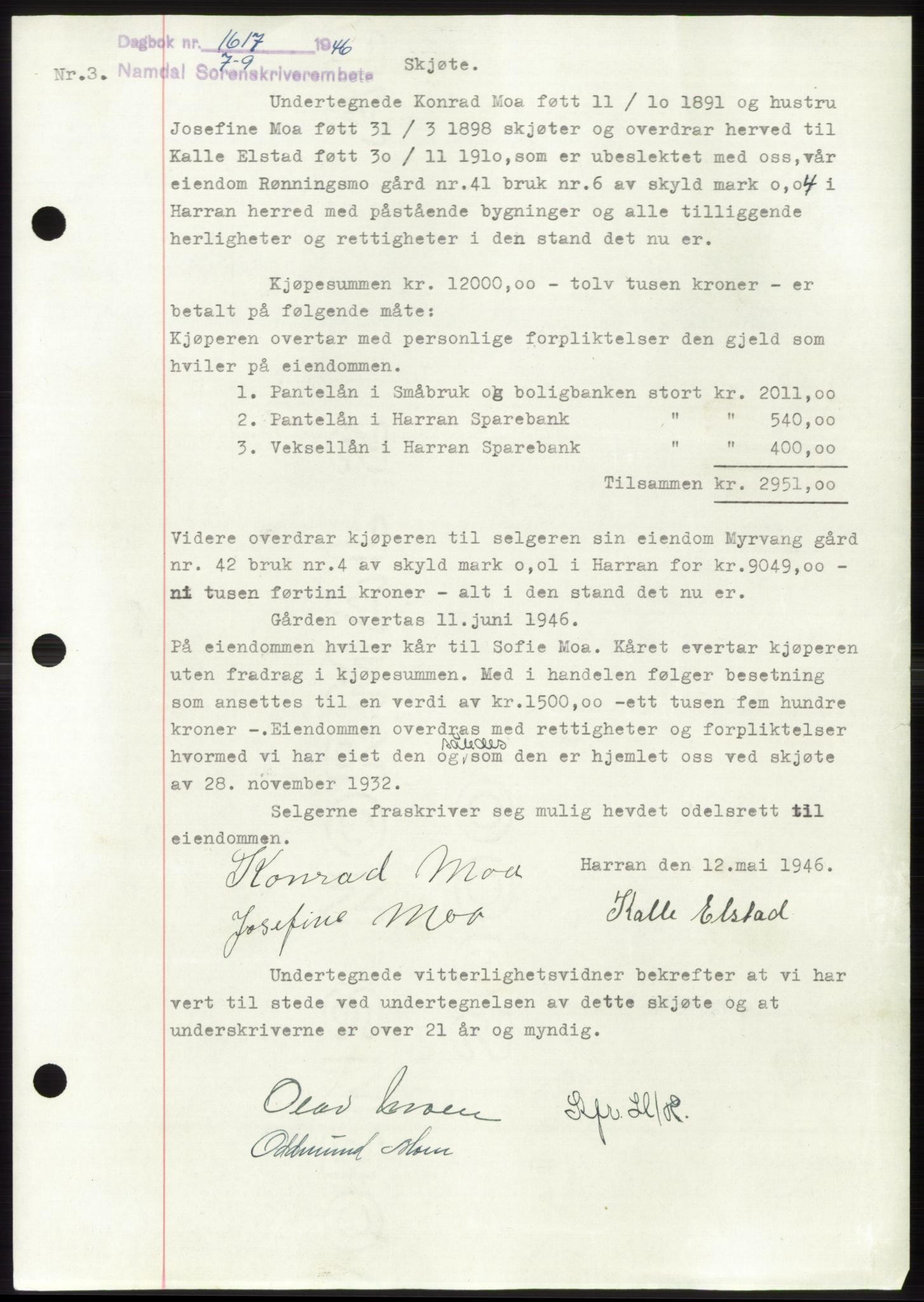 Namdal sorenskriveri, SAT/A-4133/1/2/2C: Pantebok nr. -, 1946-1947, Dagboknr: 1617/1946