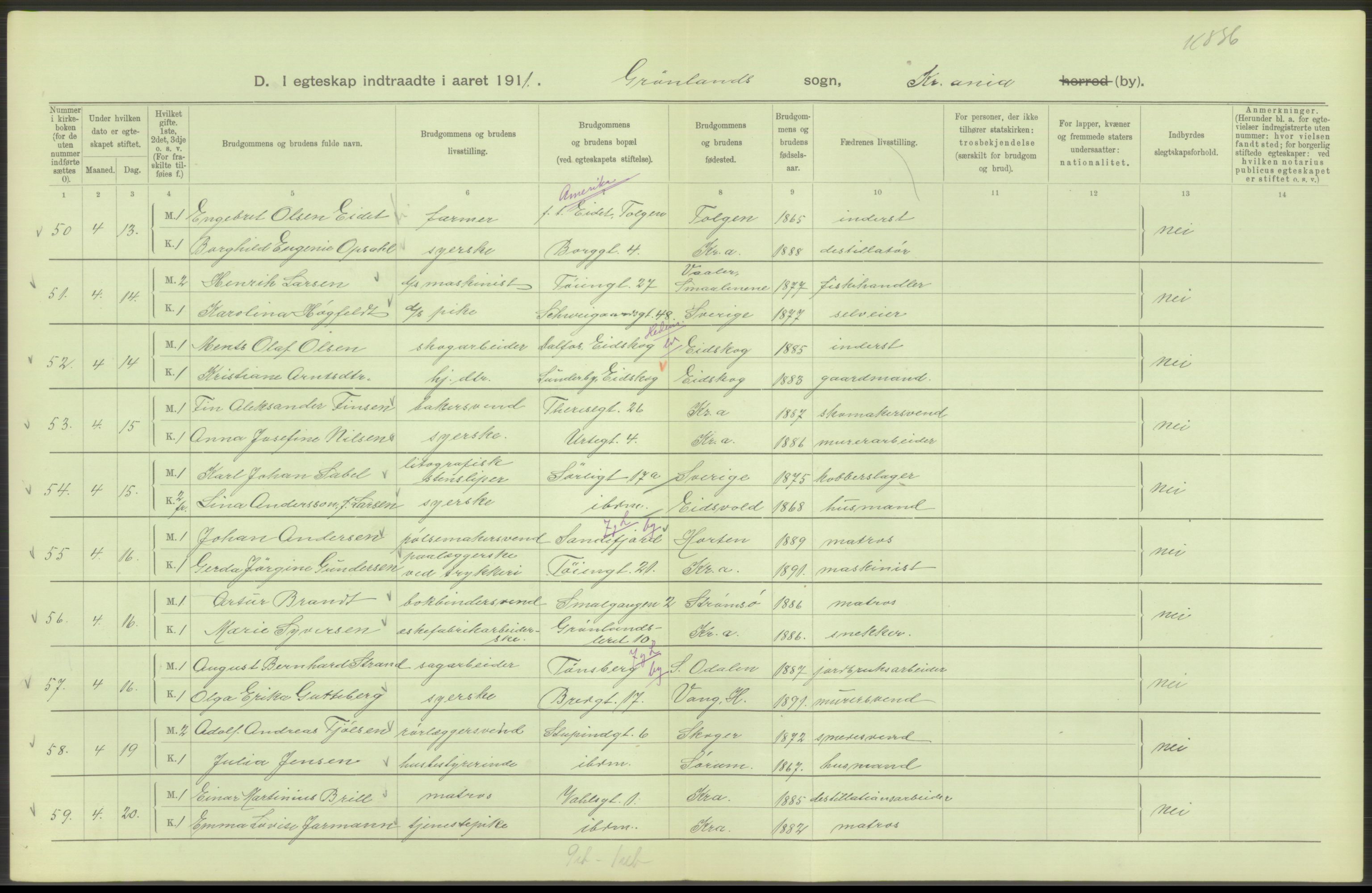 Statistisk sentralbyrå, Sosiodemografiske emner, Befolkning, AV/RA-S-2228/D/Df/Dfb/Dfba/L0008: Kristiania: Gifte, 1911, s. 248