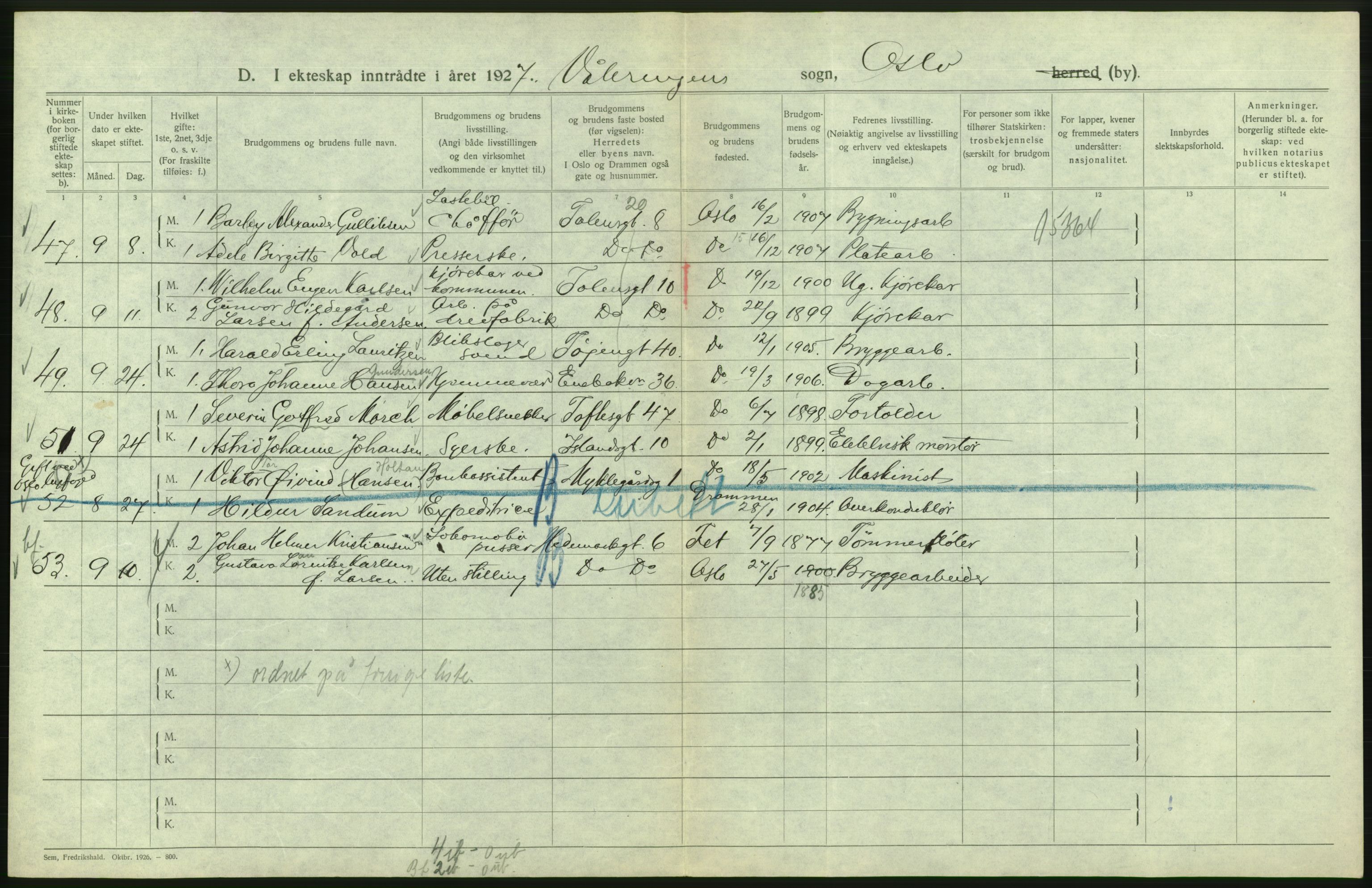 Statistisk sentralbyrå, Sosiodemografiske emner, Befolkning, AV/RA-S-2228/D/Df/Dfc/Dfcg/L0008: Oslo: Gifte, 1927, s. 596