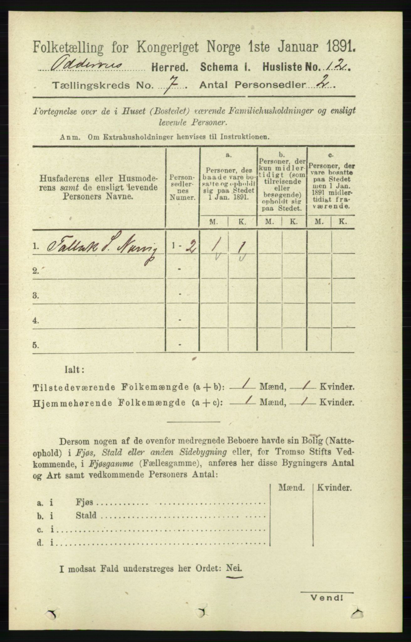 RA, Folketelling 1891 for 1012 Oddernes herred, 1891, s. 2459