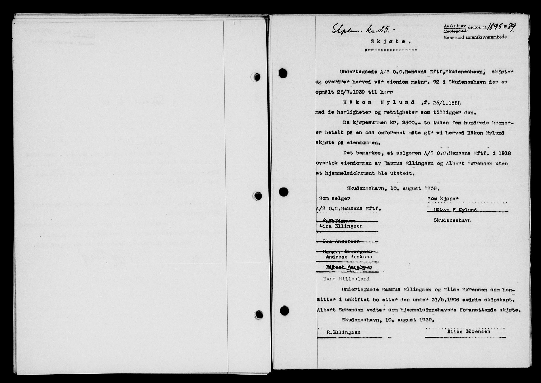 Karmsund sorenskriveri, SAST/A-100311/01/II/IIB/L0072: Pantebok nr. 53A, 1939-1940, Dagboknr: 1895/1939