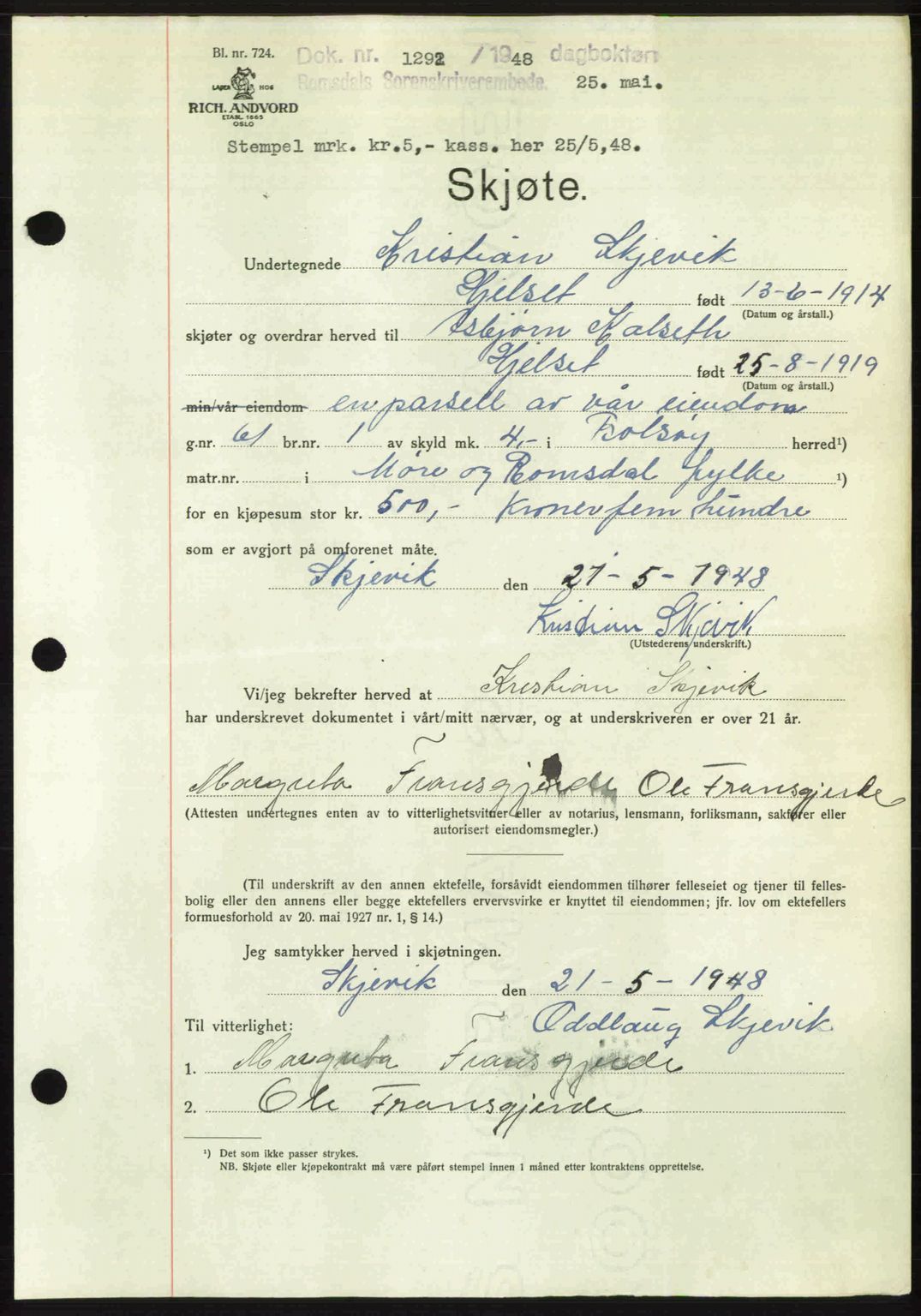 Romsdal sorenskriveri, AV/SAT-A-4149/1/2/2C: Pantebok nr. A26, 1948-1948, Dagboknr: 1292/1948