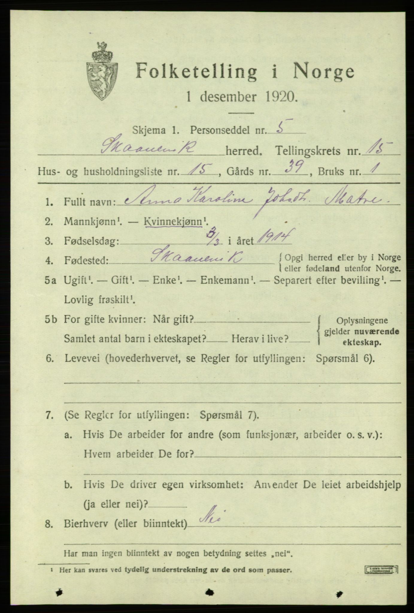 SAB, Folketelling 1920 for 1212 Skånevik herred, 1920, s. 6323