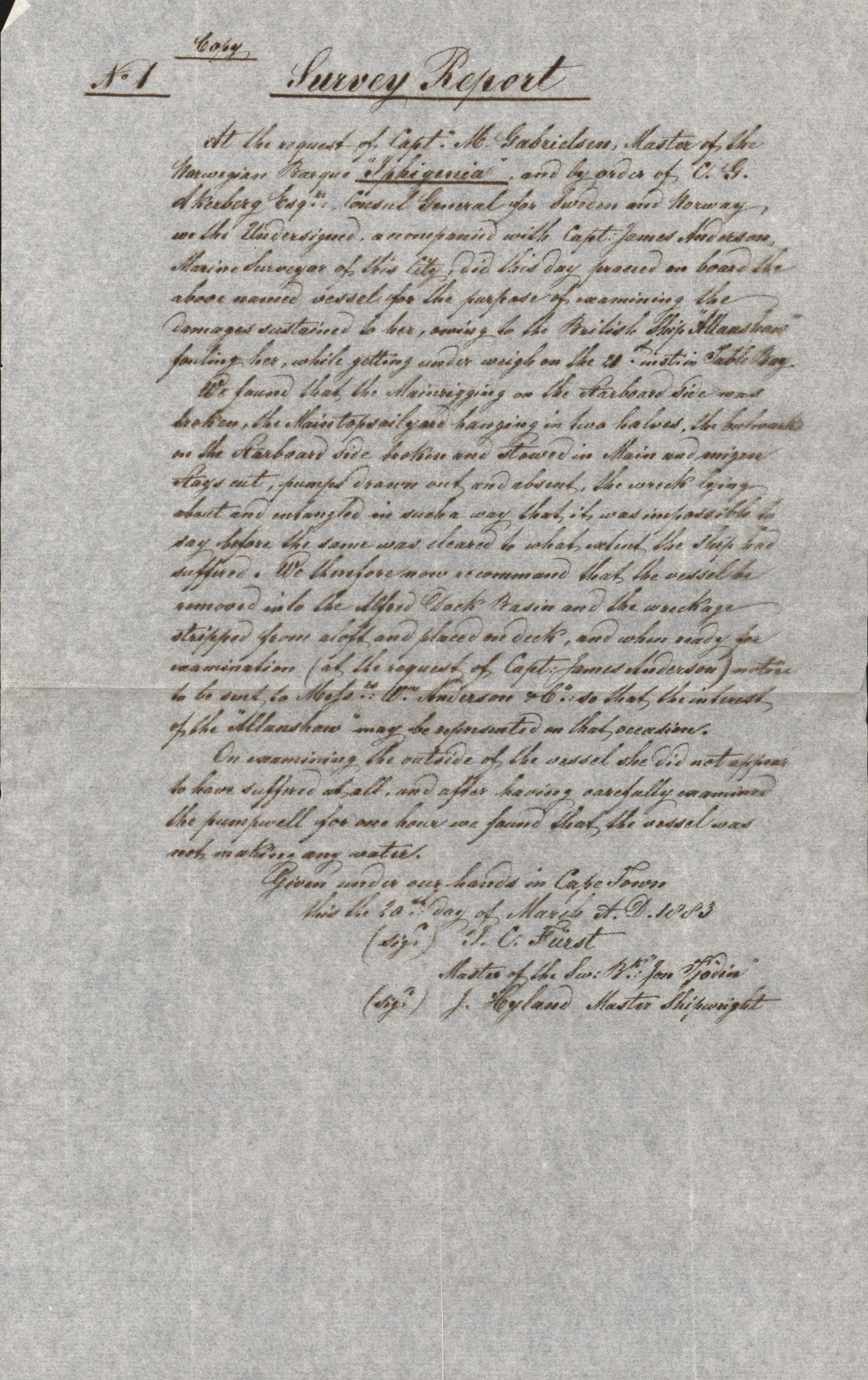 Pa 63 - Østlandske skibsassuranceforening, VEMU/A-1079/G/Ga/L0016/0011: Havaridokumenter / Elise, Dux, Dagmar, Dacapo, Louis, Iphignia, 1883, s. 79