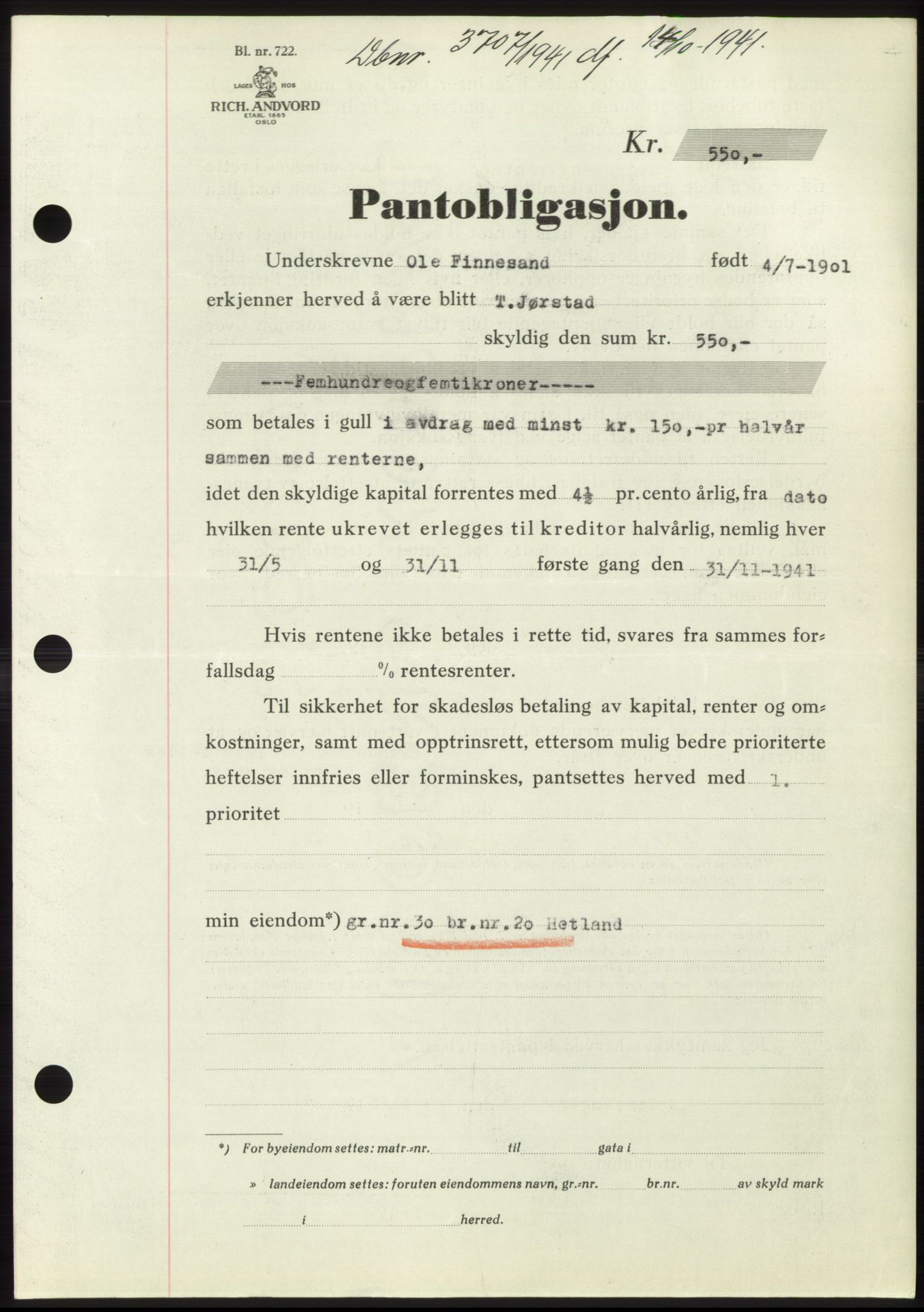 Jæren sorenskriveri, SAST/A-100310/03/G/Gba/L0081: Pantebok, 1941-1941, Dagboknr: 3707/1941