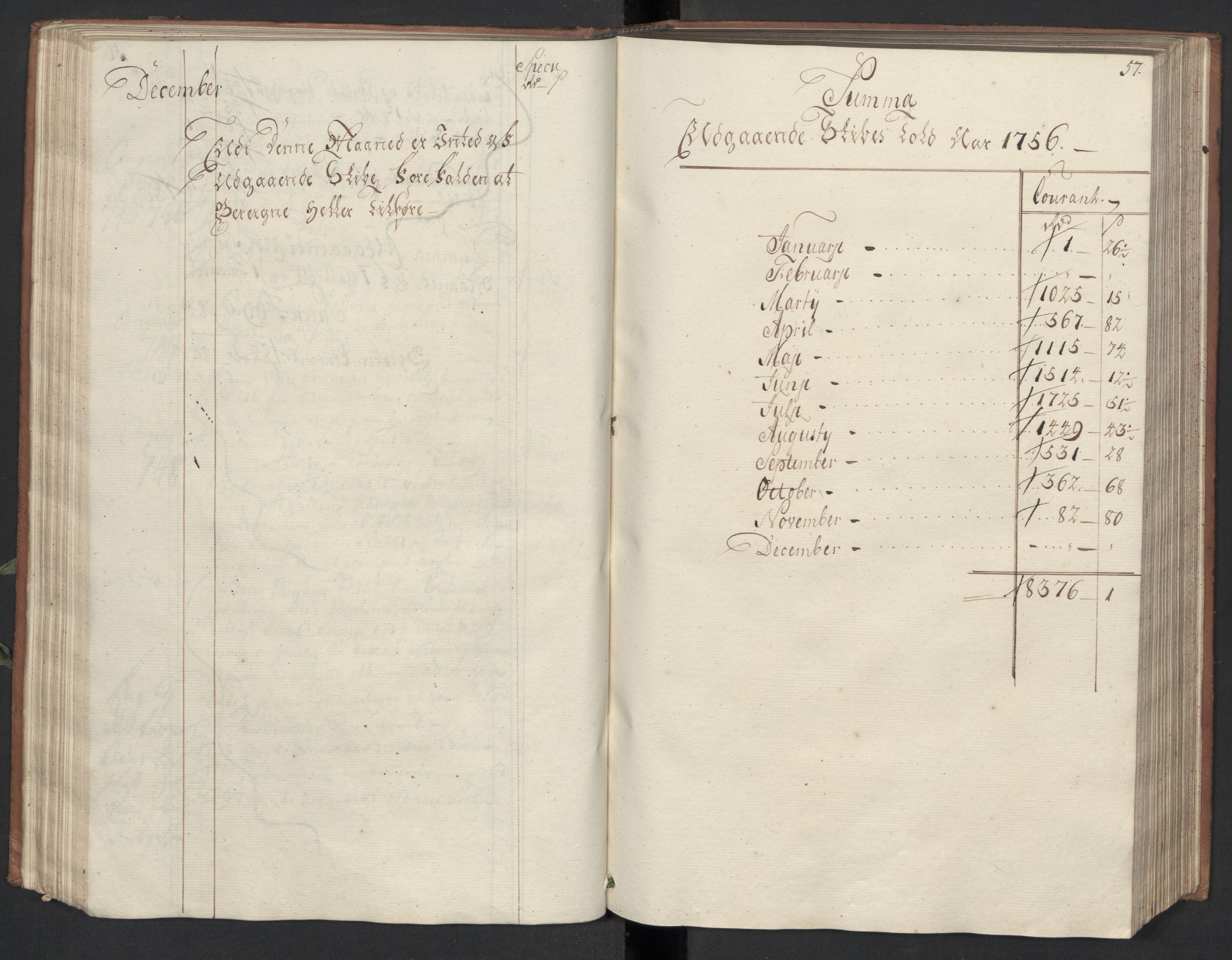 Generaltollkammeret, tollregnskaper, AV/RA-EA-5490/R33/L0048/0001: Tollregnskaper Trondheim A / Utgående hovedtollbok, 1756, s. 56b-57a