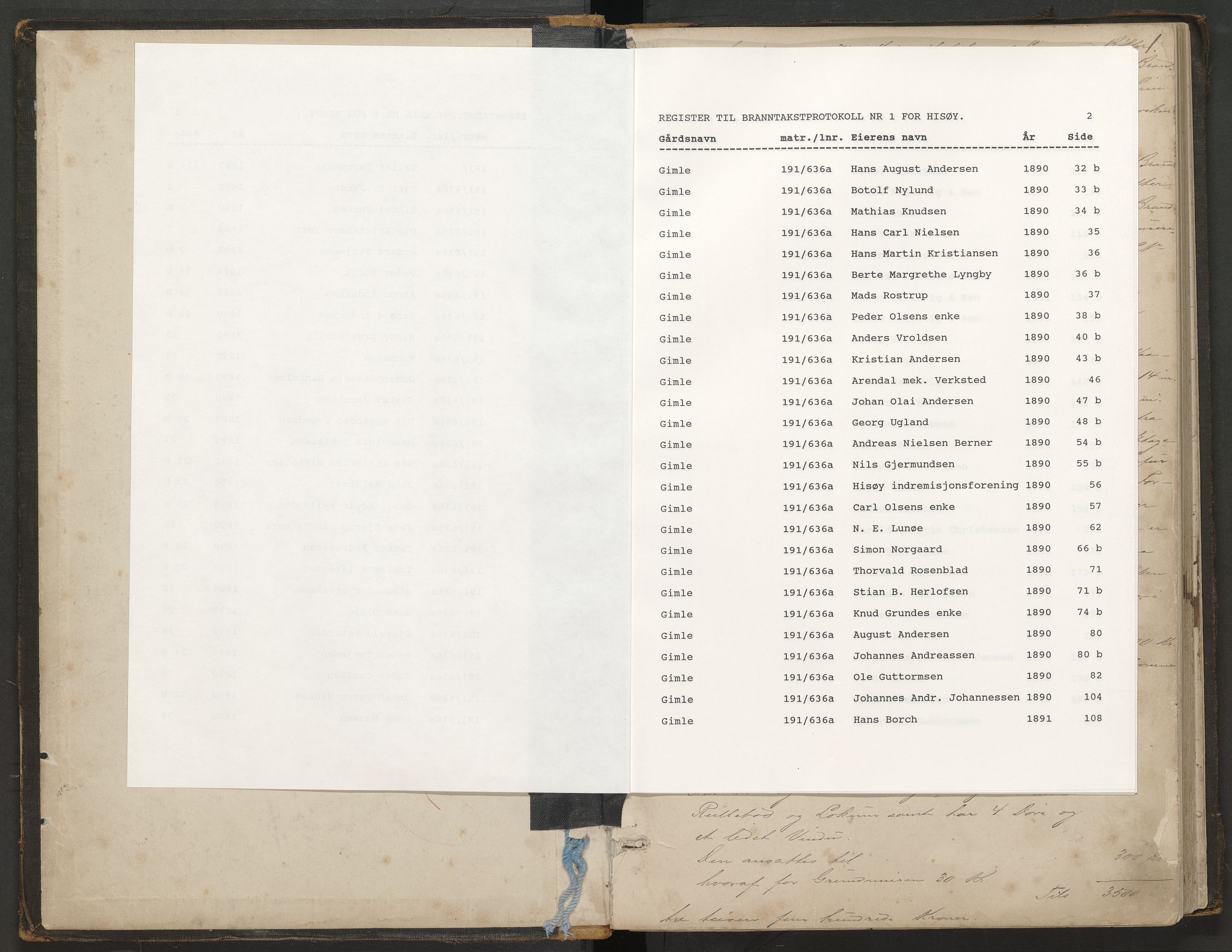 Norges Brannkasse Hisøy, AV/SAK-2241-0023/F/Fa/L0001: Branntakstprotokoll nr. 1 med gårdsnavnregister, 1890-1898