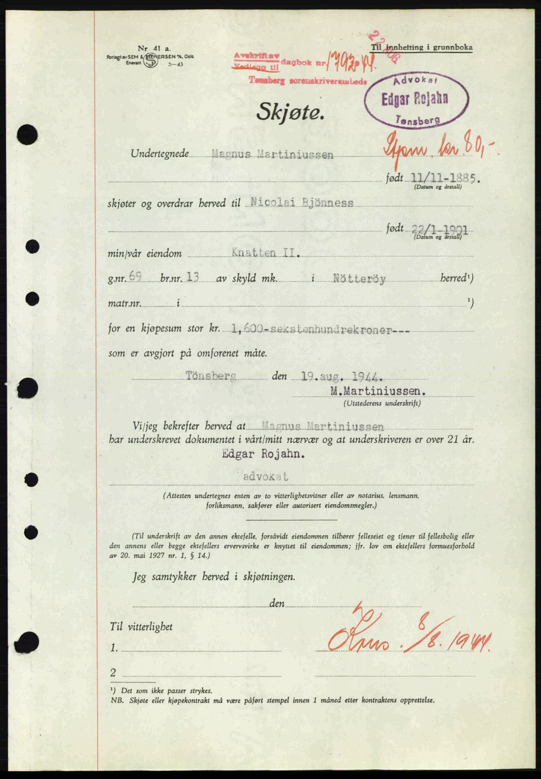 Tønsberg sorenskriveri, AV/SAKO-A-130/G/Ga/Gaa/L0015: Pantebok nr. A15, 1944-1944, Dagboknr: 1792/1944