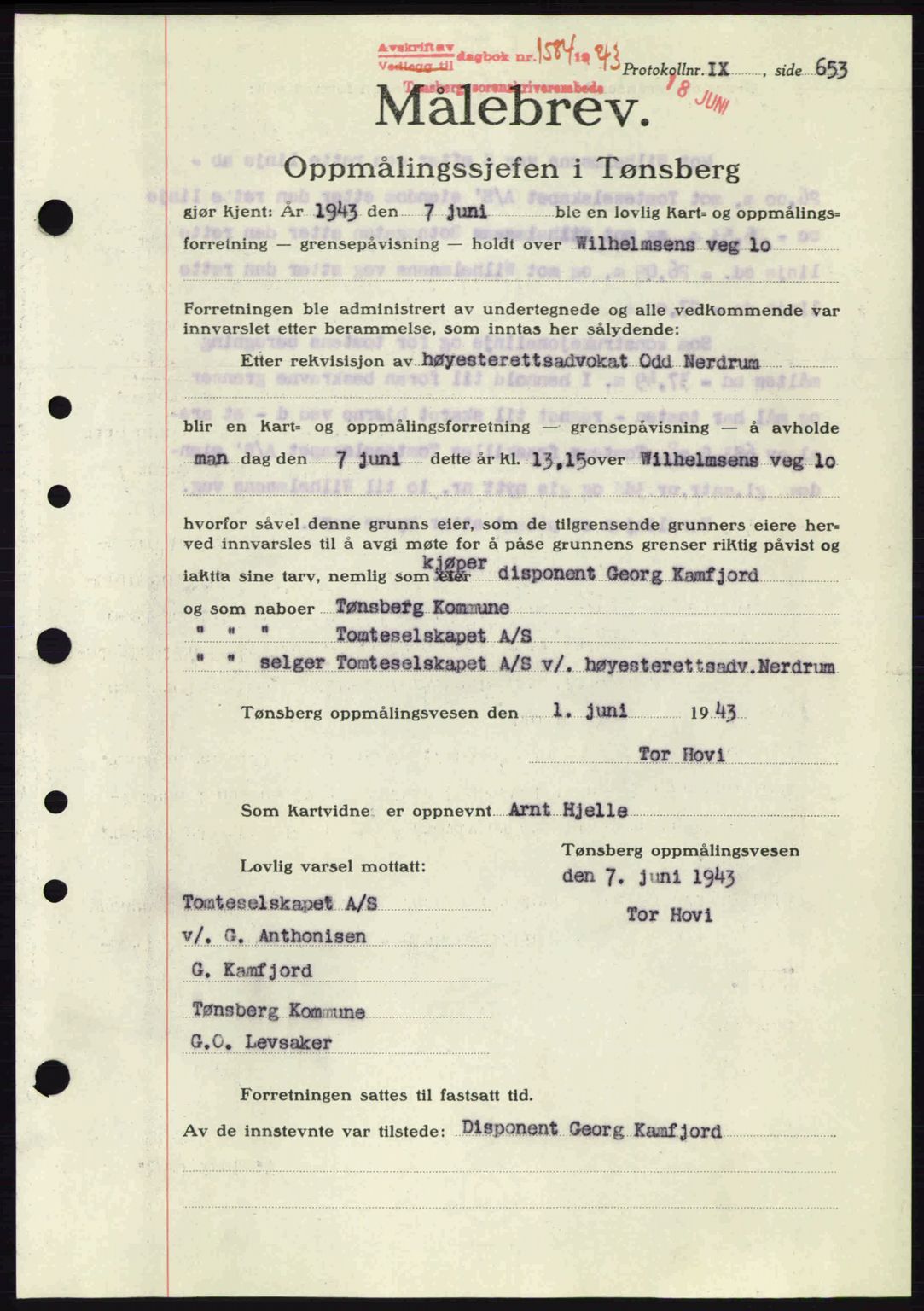 Tønsberg sorenskriveri, AV/SAKO-A-130/G/Ga/Gaa/L0013: Pantebok nr. A13, 1943-1943, Dagboknr: 1584/1943