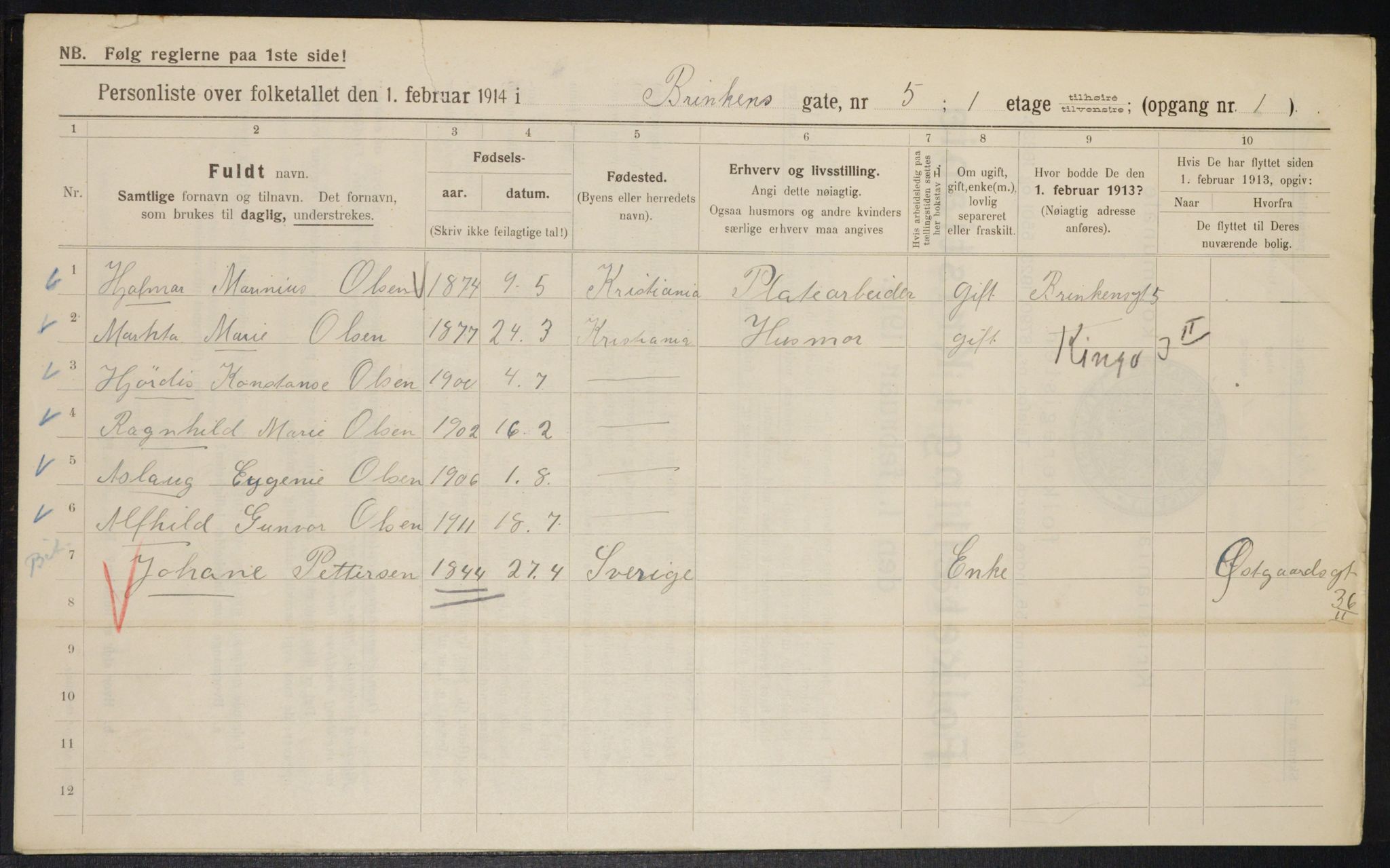 OBA, Kommunal folketelling 1.2.1914 for Kristiania, 1914, s. 8825