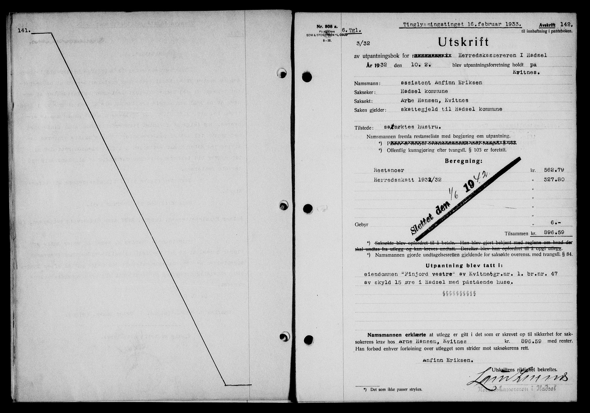 Vesterålen sorenskriveri, AV/SAT-A-4180/1/2/2Ca/L0057: Pantebok nr. 50, 1933-1933, Tingl.dato: 16.02.1933