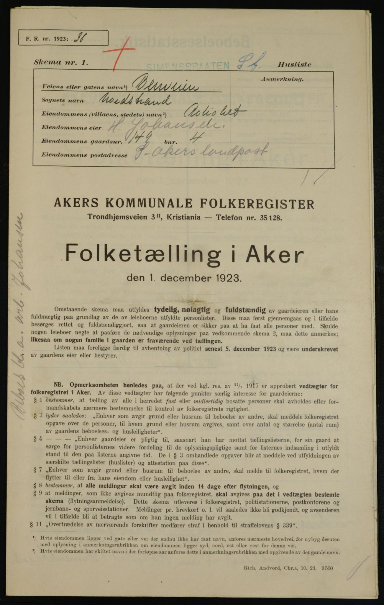 , Kommunal folketelling 1.12.1923 for Aker, 1923, s. 36830