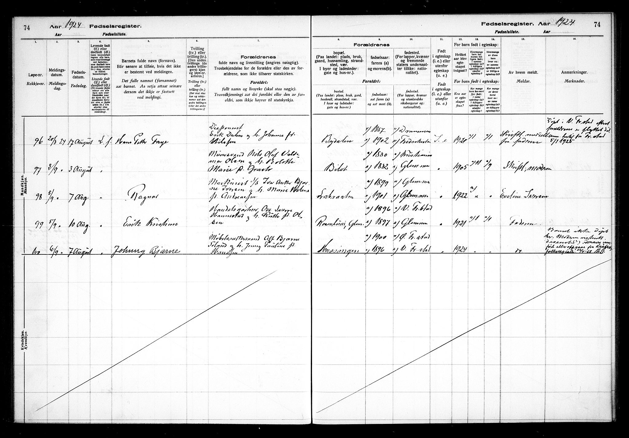 Glemmen prestekontor Kirkebøker, AV/SAO-A-10908/J/Ja/L0002: Fødselsregister nr. I 2, 1922-1929, s. 74