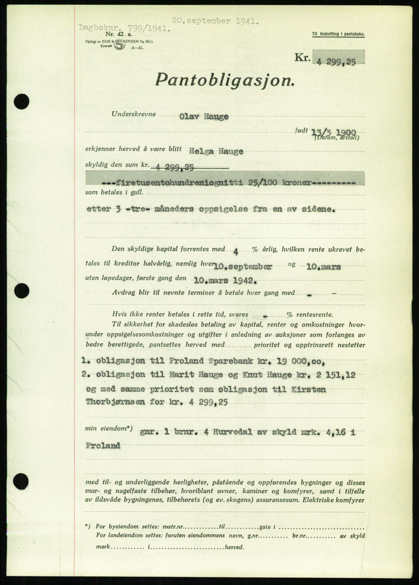 Nedenes sorenskriveri, SAK/1221-0006/G/Gb/Gbb/L0001: Pantebok nr. I, 1939-1942, Dagboknr: 799/1941