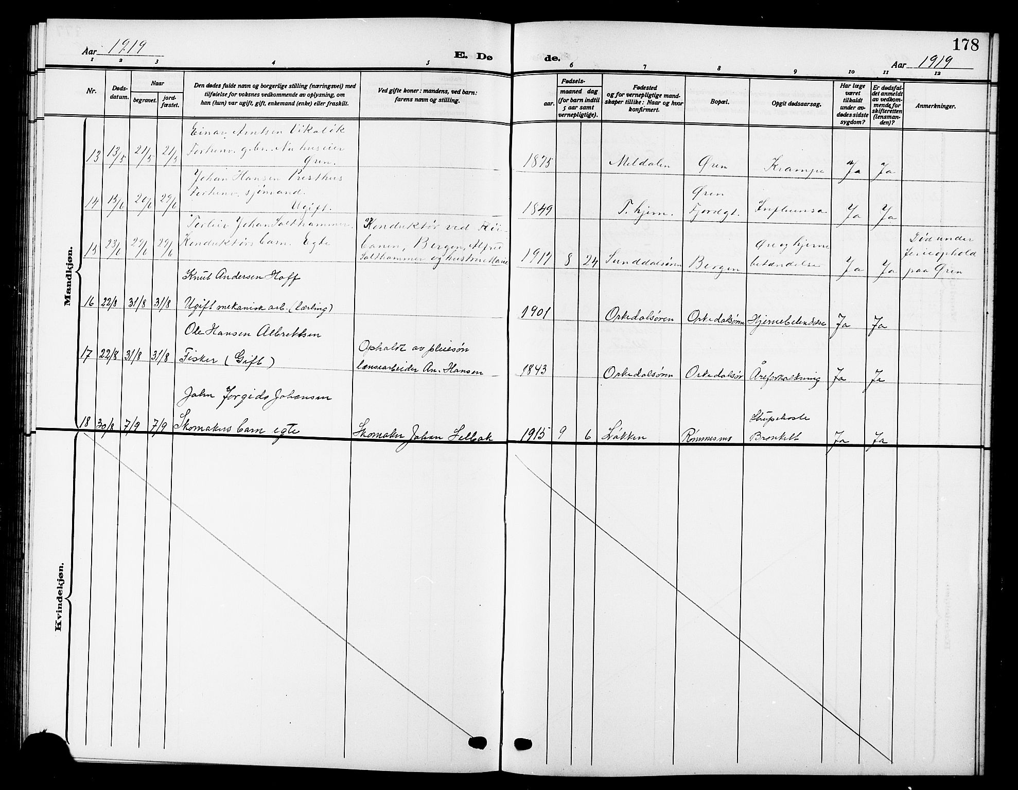 Ministerialprotokoller, klokkerbøker og fødselsregistre - Sør-Trøndelag, SAT/A-1456/669/L0831: Klokkerbok nr. 669C01, 1909-1924, s. 178