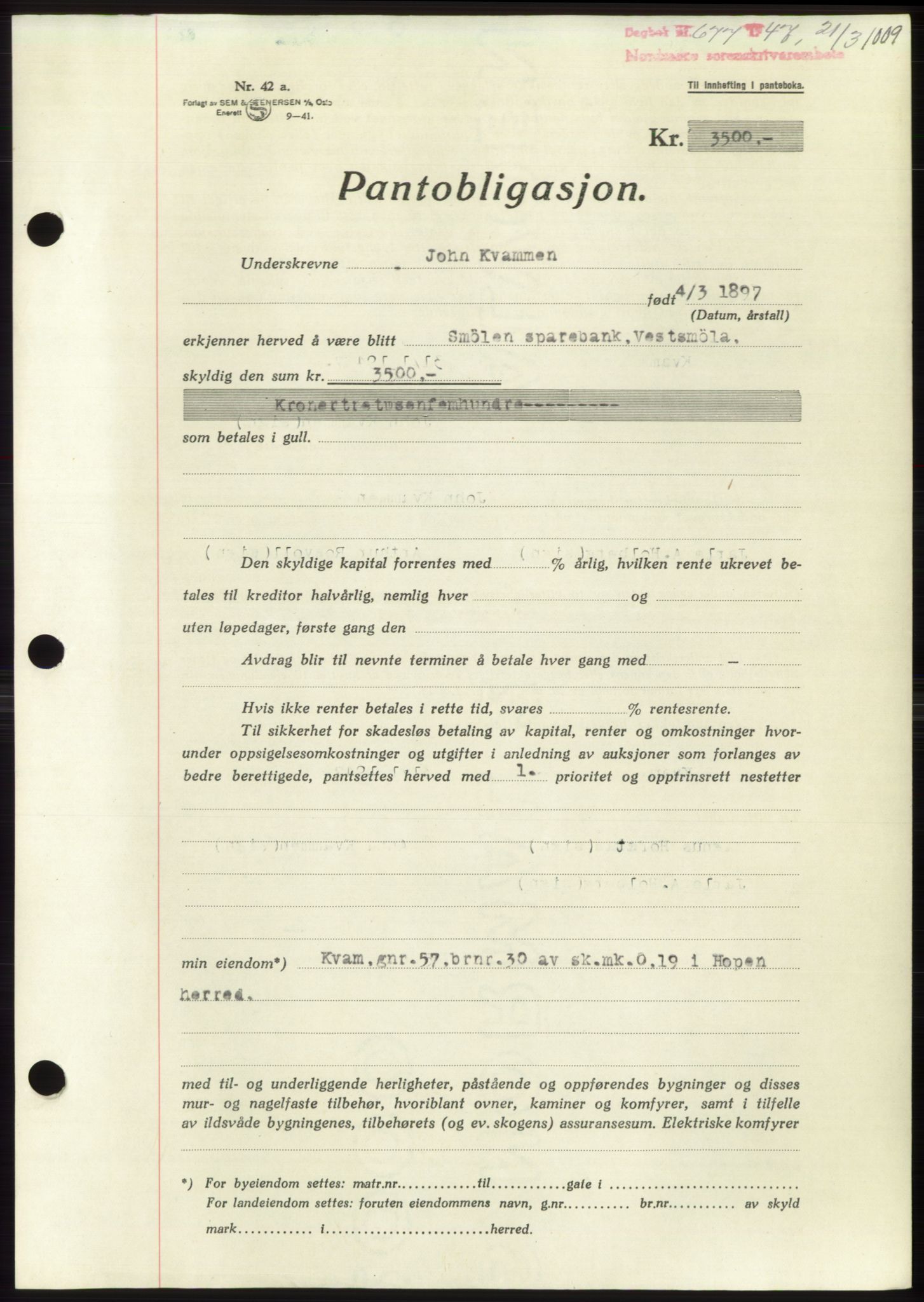 Nordmøre sorenskriveri, SAT/A-4132/1/2/2Ca: Pantebok nr. B95, 1946-1947, Dagboknr: 677/1947