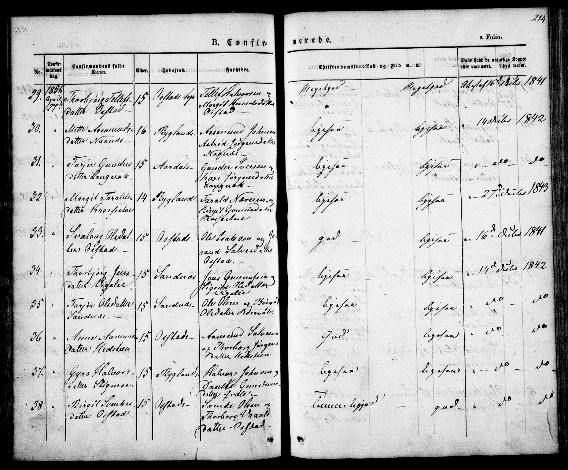 Bygland sokneprestkontor, AV/SAK-1111-0006/F/Fa/Fab/L0004: Ministerialbok nr. A 4, 1842-1858, s. 214