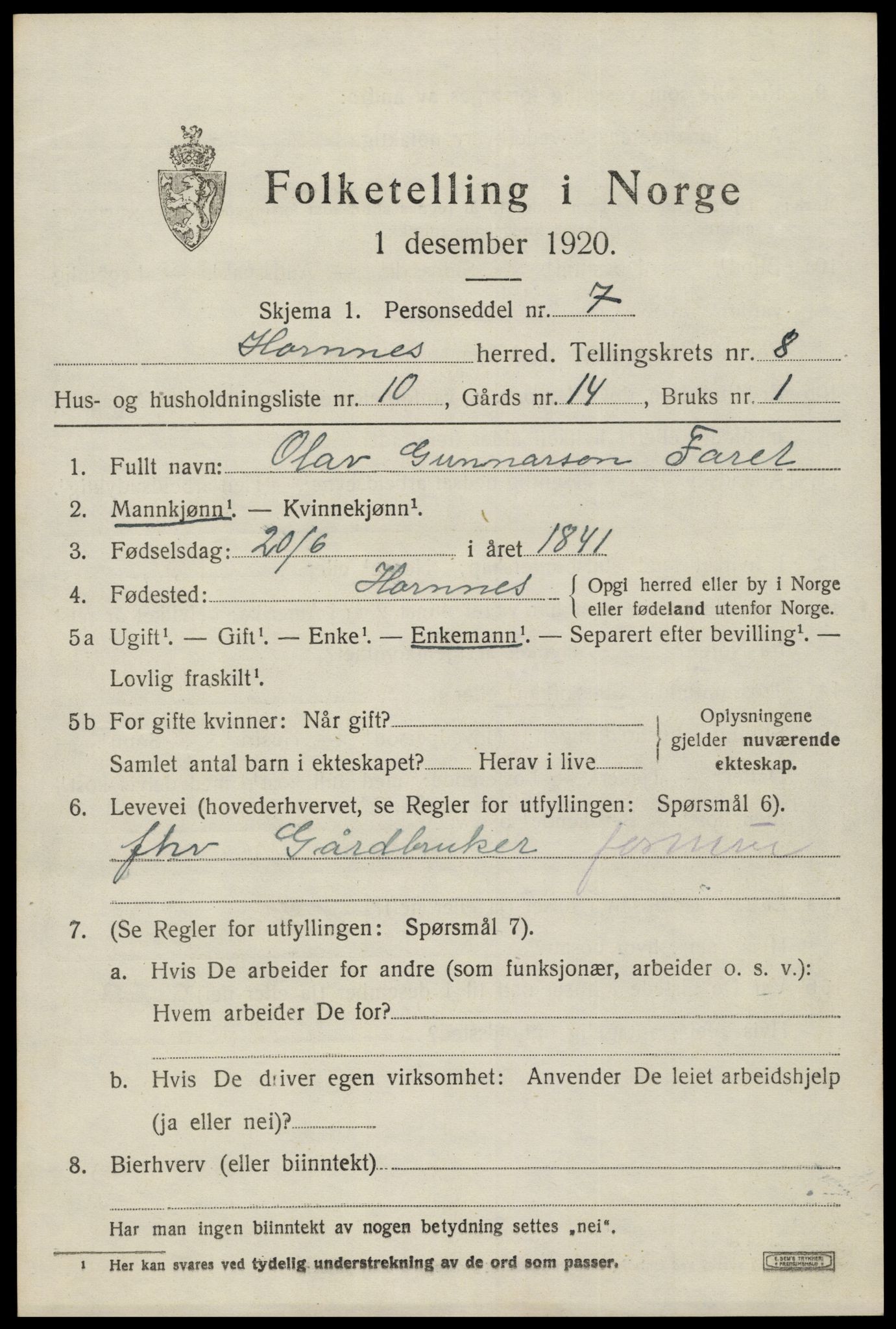 SAK, Folketelling 1920 for 0936 Hornnes herred, 1920, s. 1989