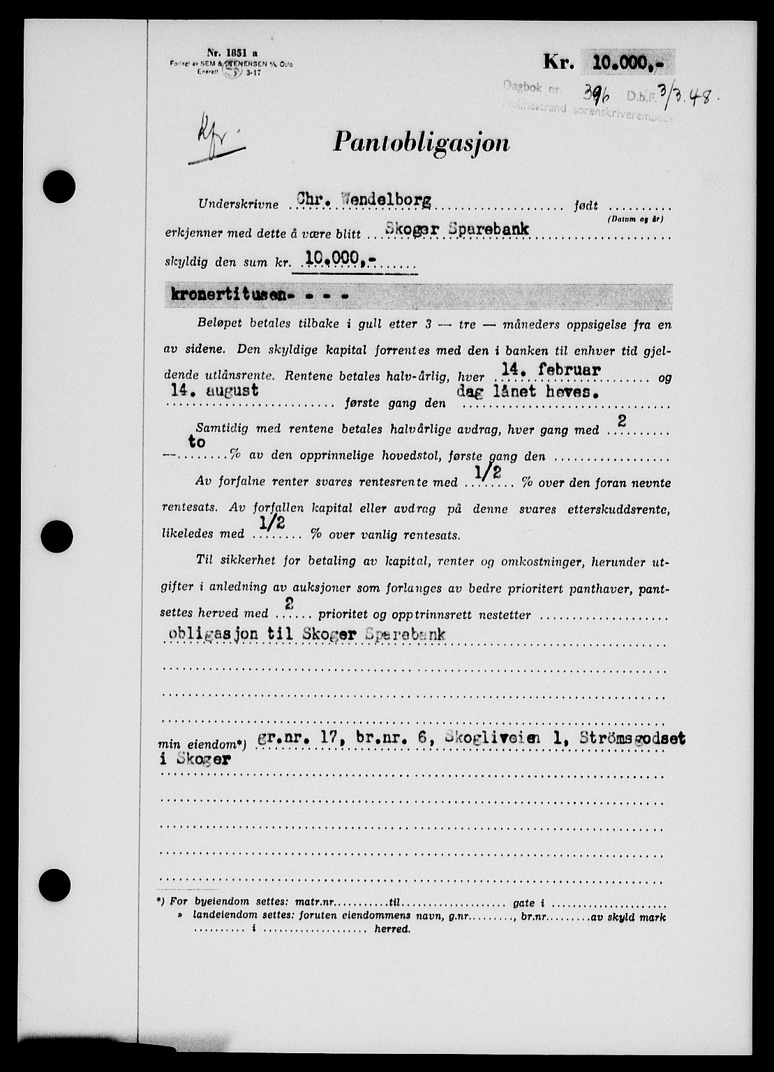 Holmestrand sorenskriveri, SAKO/A-67/G/Ga/Gab/L0058: Pantebok nr. B-58, 1947-1948, Dagboknr: 396/1948