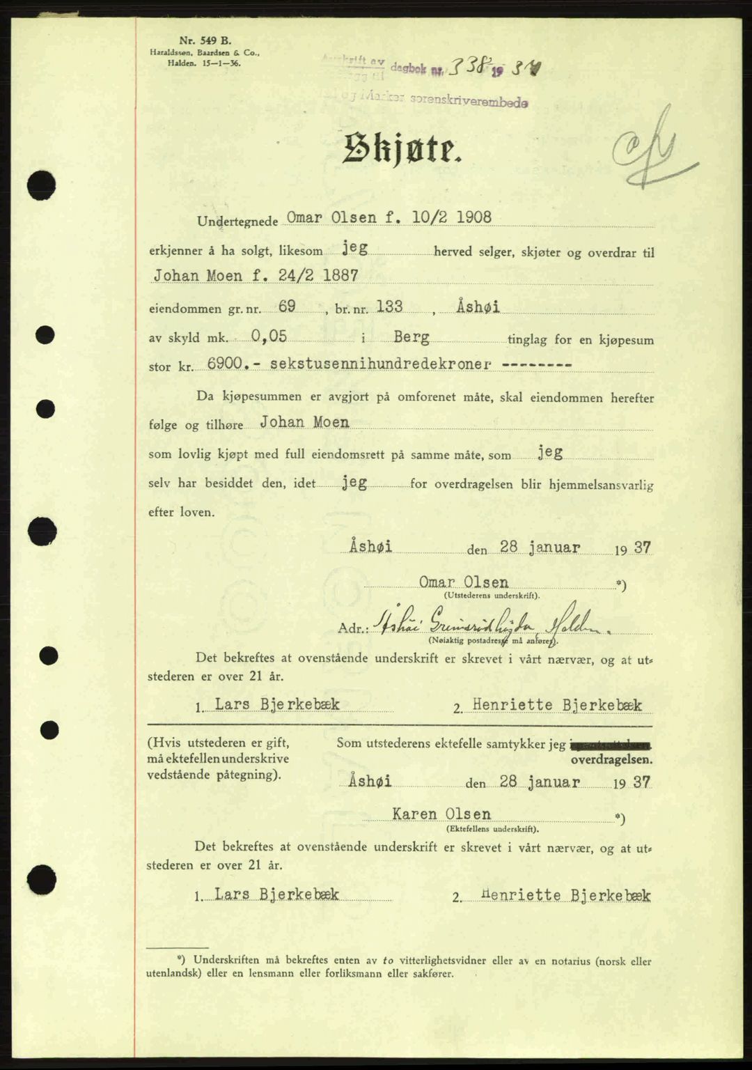 Idd og Marker sorenskriveri, AV/SAO-A-10283/G/Gb/Gbb/L0001: Pantebok nr. A1, 1936-1937, Dagboknr: 338/1937