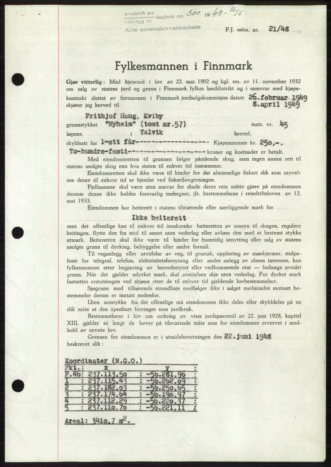 Alta fogderi/sorenskriveri, SATØ/SATØ-5/1/K/Kd/L0037pantebok: Pantebok nr. 39-40, 1948-1949, Dagboknr: 500/1949
