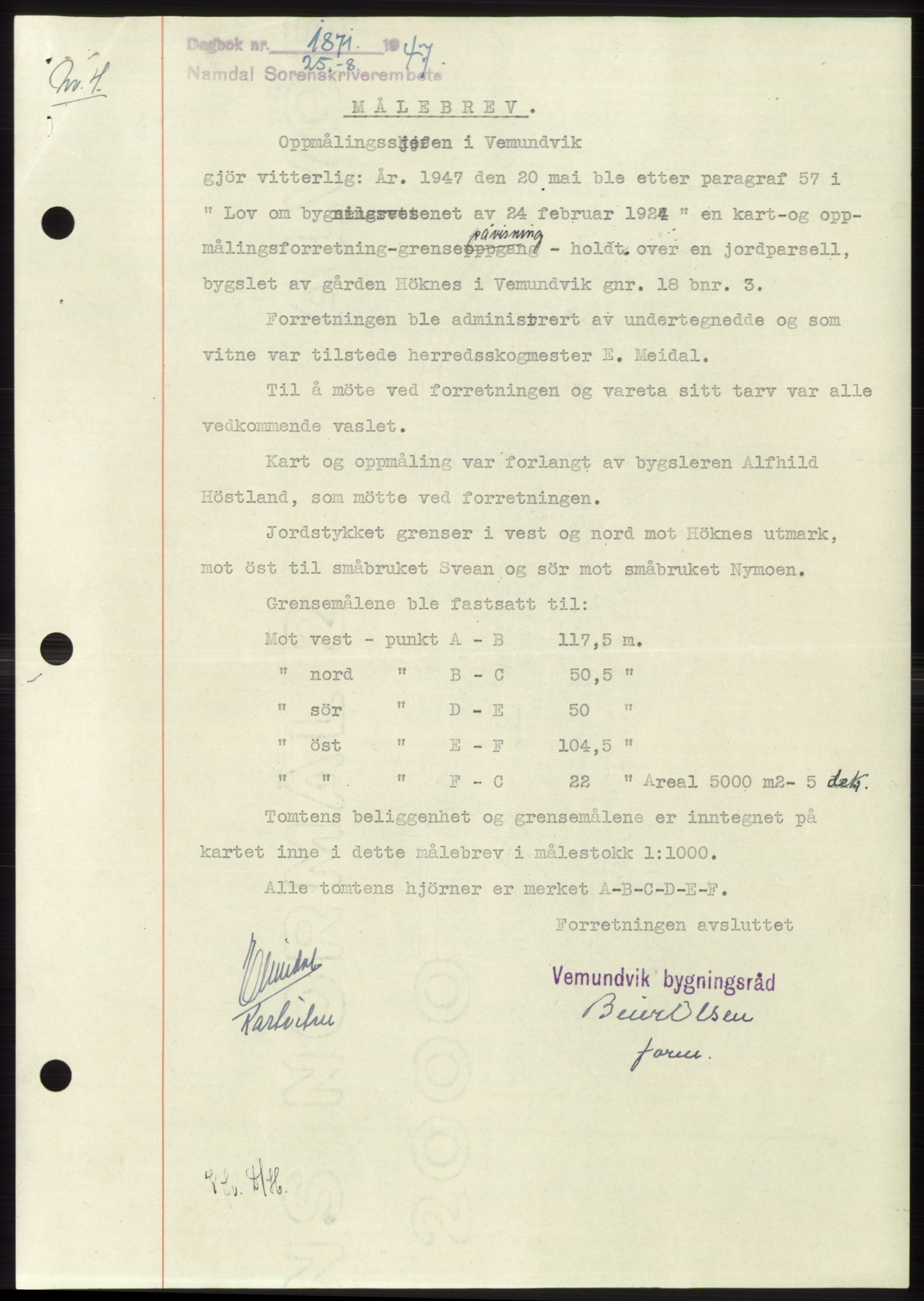 Namdal sorenskriveri, SAT/A-4133/1/2/2C: Pantebok nr. -, 1947-1947, Dagboknr: 1871/1947