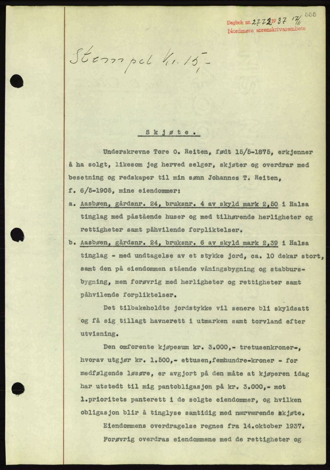 Nordmøre sorenskriveri, SAT/A-4132/1/2/2Ca: Pantebok nr. A82, 1937-1938, Dagboknr: 2772/1937