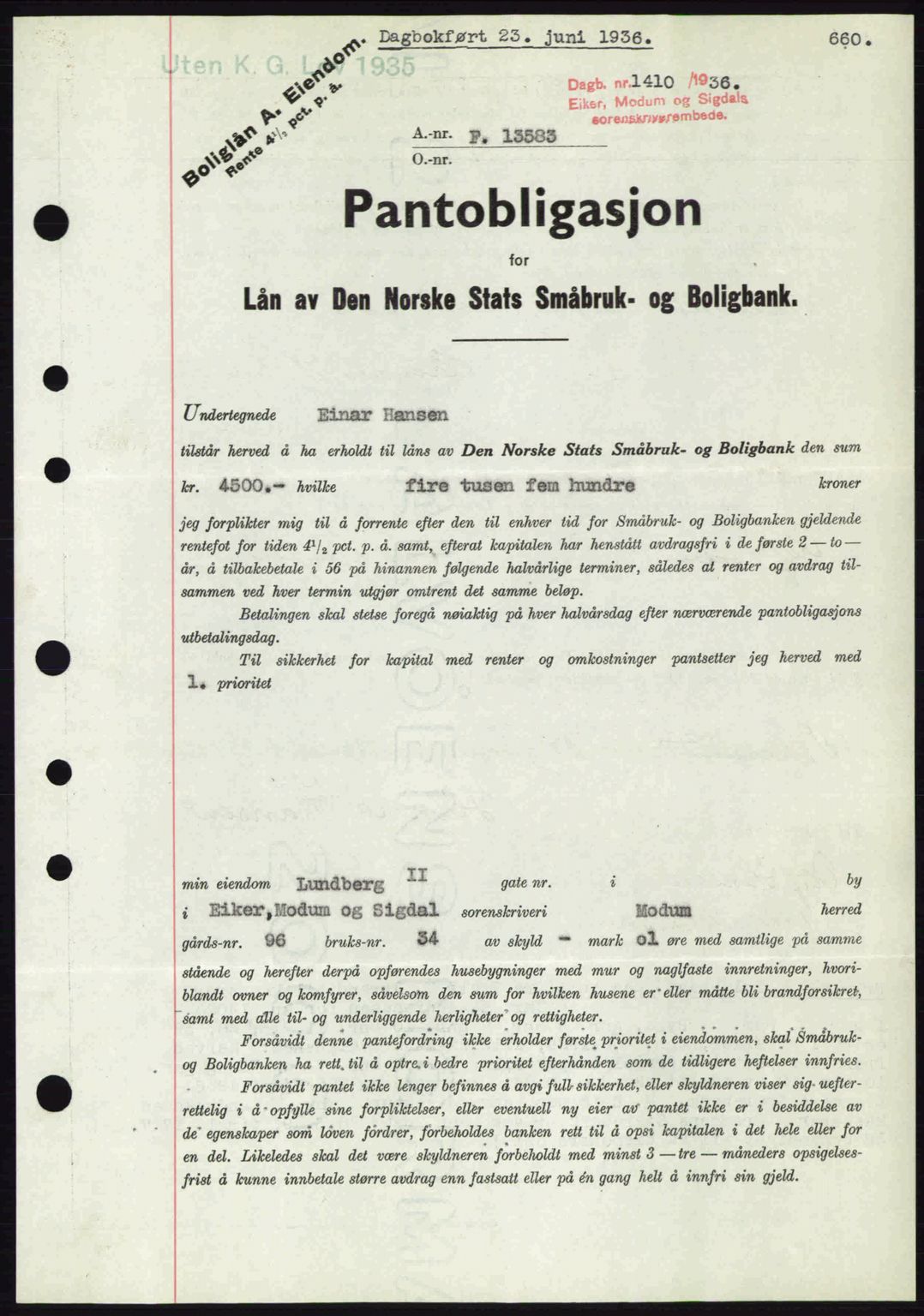 Eiker, Modum og Sigdal sorenskriveri, SAKO/A-123/G/Ga/Gab/L0032: Pantebok nr. A2, 1936-1936, Dagboknr: 1410/1936