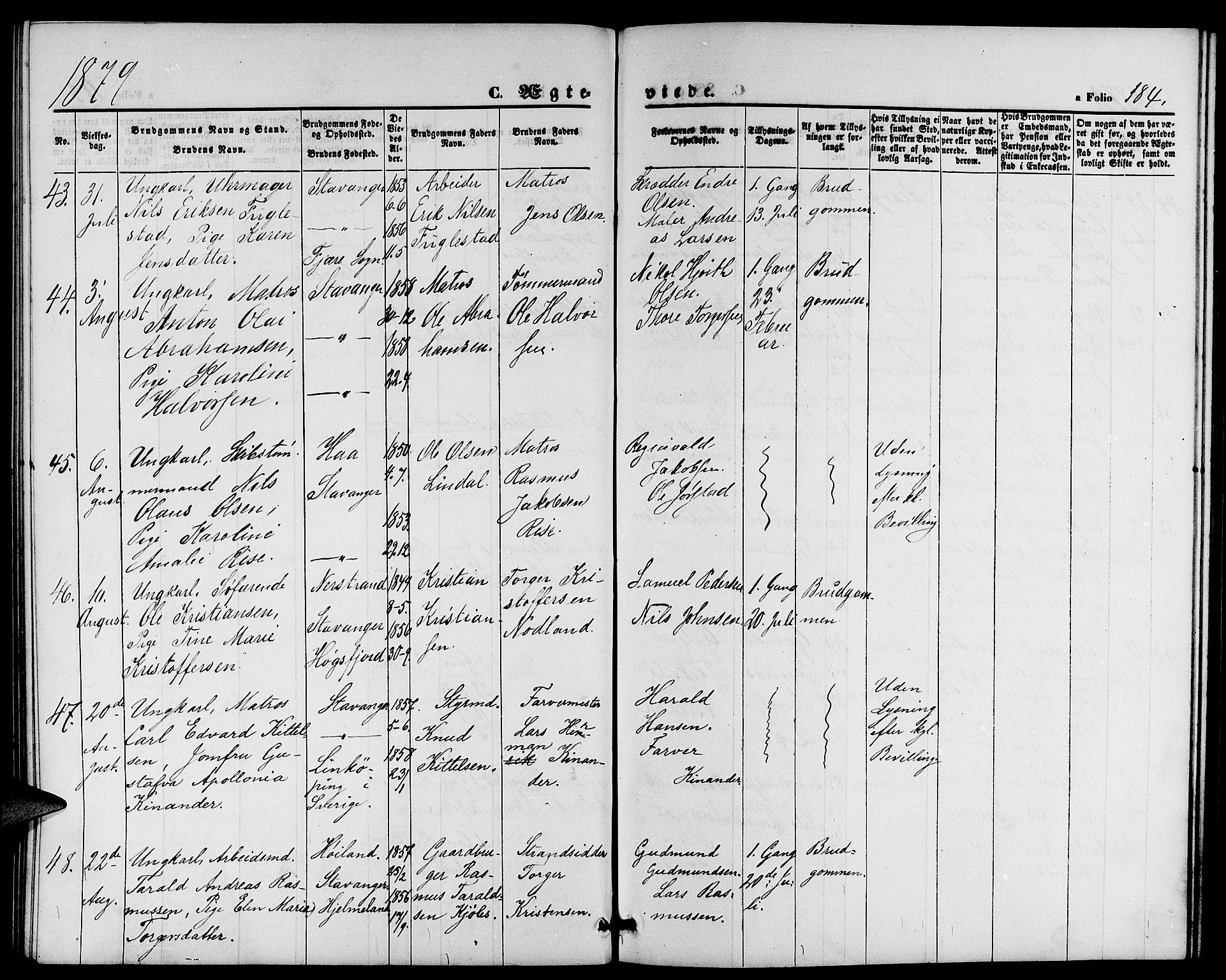 St. Petri sokneprestkontor, AV/SAST-A-101813/001/30/30BB/L0002: Klokkerbok nr. B 2, 1865-1885, s. 184