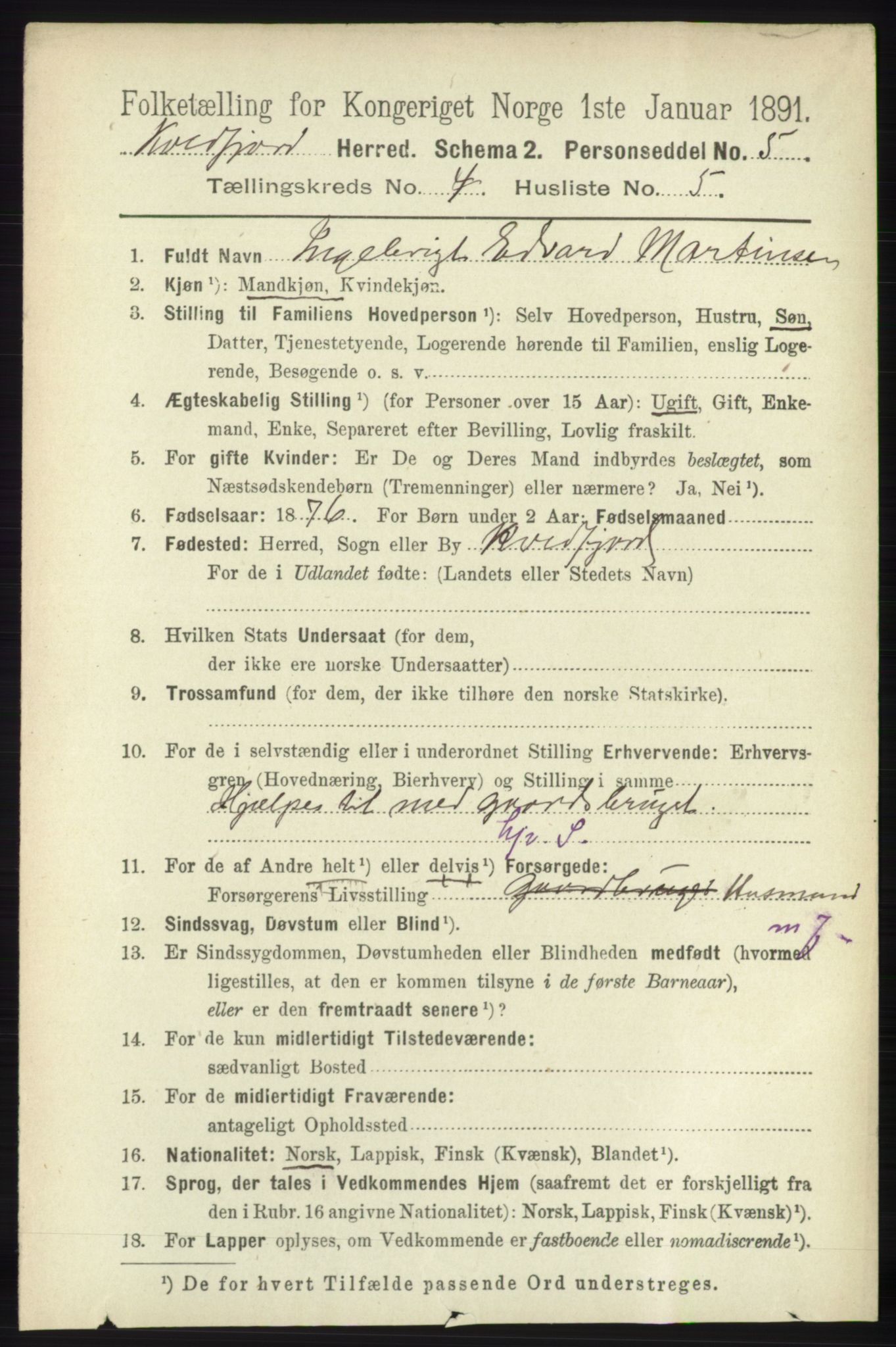 RA, Folketelling 1891 for 1911 Kvæfjord herred, 1891, s. 1918