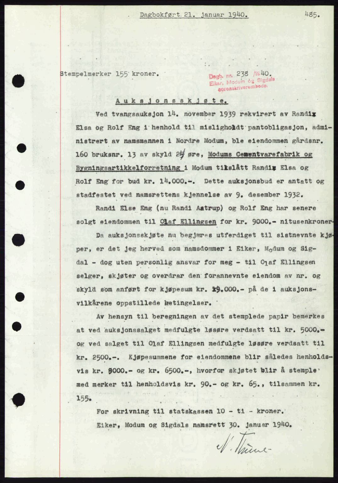Eiker, Modum og Sigdal sorenskriveri, SAKO/A-123/G/Ga/Gab/L0041: Pantebok nr. A11, 1939-1940, Dagboknr: 238/1940
