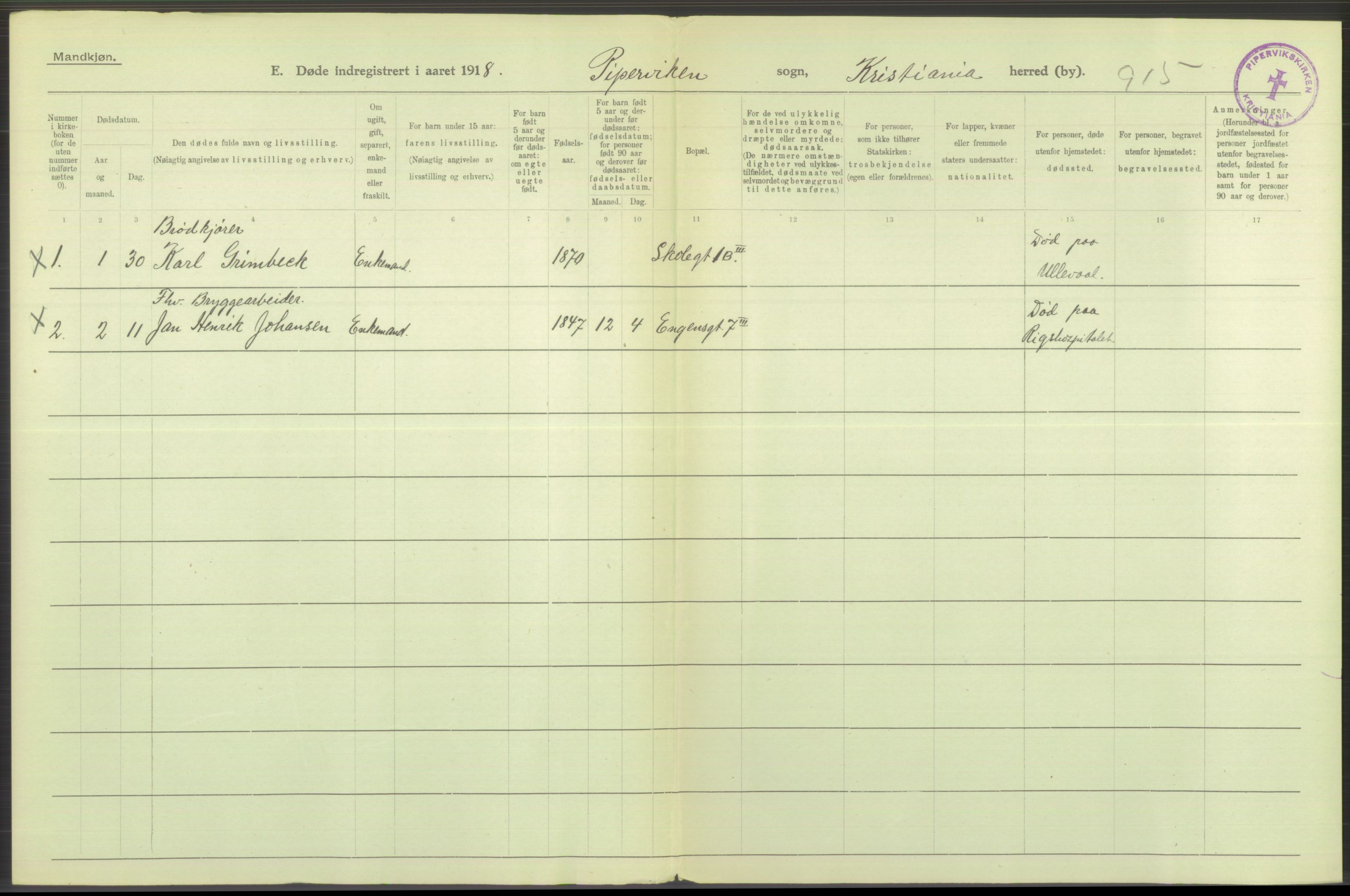 Statistisk sentralbyrå, Sosiodemografiske emner, Befolkning, AV/RA-S-2228/D/Df/Dfb/Dfbh/L0011: Kristiania: Døde, dødfødte, 1918, s. 34
