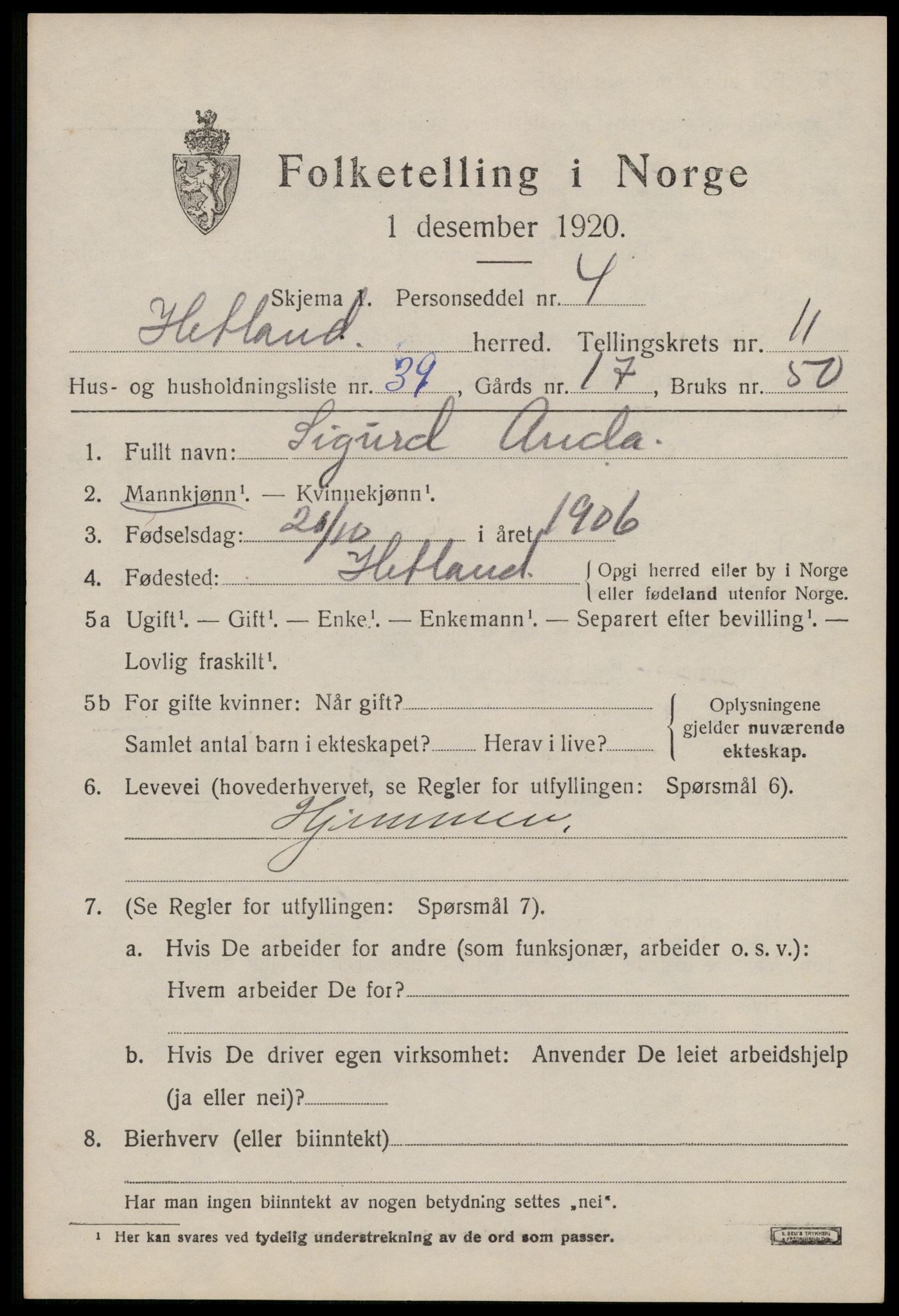 SAST, Folketelling 1920 for 1126 Hetland herred, 1920, s. 20515