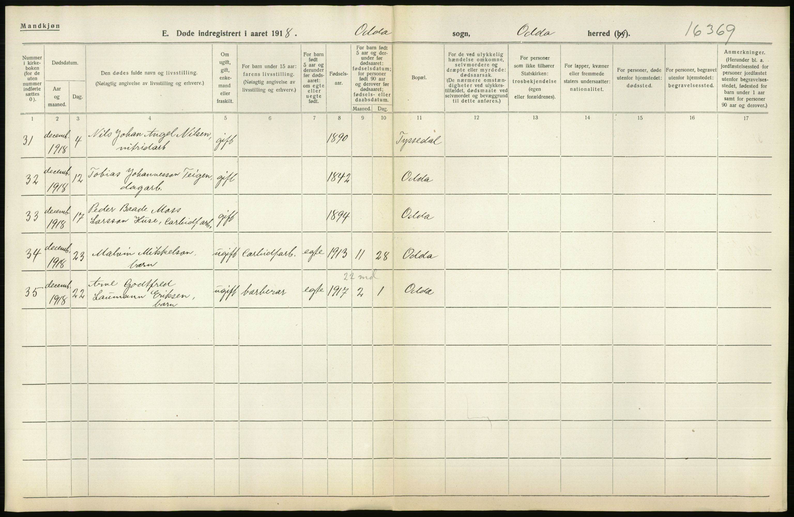 Statistisk sentralbyrå, Sosiodemografiske emner, Befolkning, AV/RA-S-2228/D/Df/Dfb/Dfbh/L0036: Hordaland fylke: Døde., 1918, s. 308