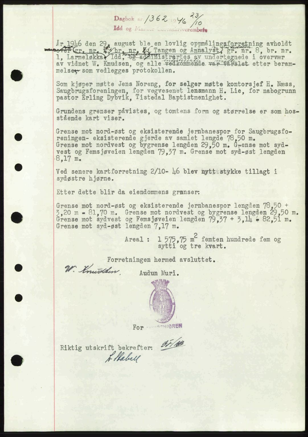 Idd og Marker sorenskriveri, SAO/A-10283/G/Gb/Gbb/L0008: Pantebok nr. A8, 1946-1946, Dagboknr: 1362/1946