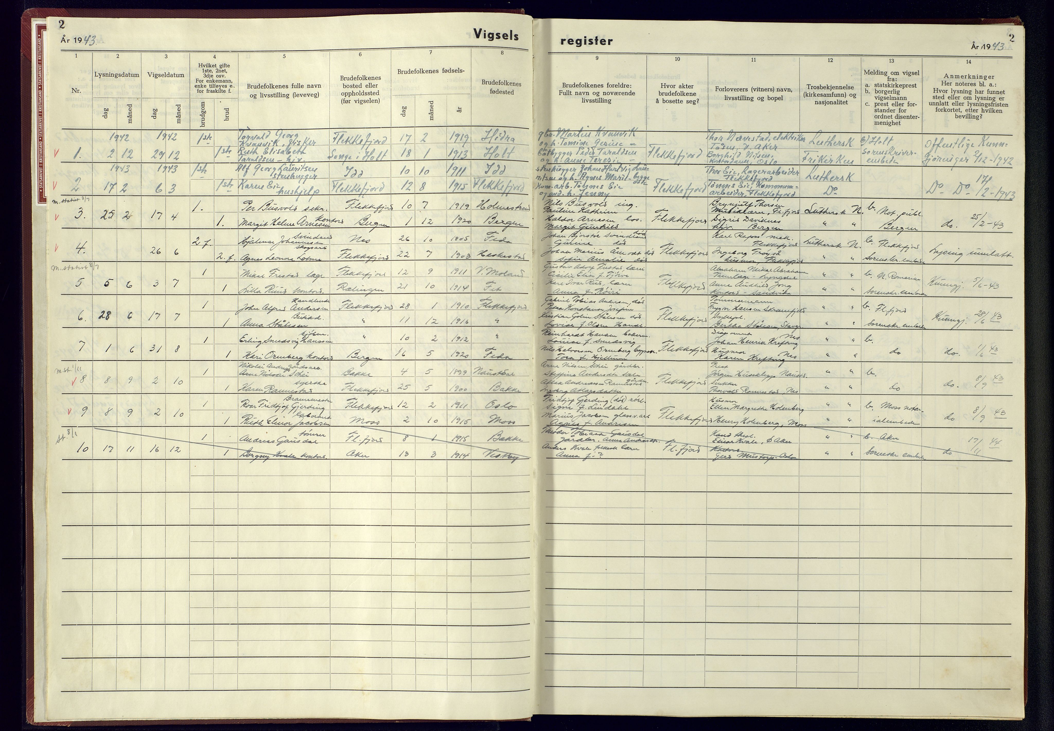 Flekkefjord sokneprestkontor, AV/SAK-1111-0012/J/Jb/L0004: Vigselsregister nr. A-VI-5, 1942-1945, s. 2