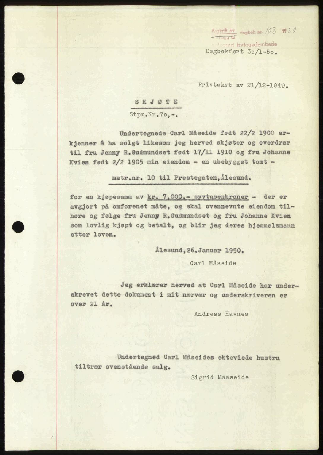 Ålesund byfogd, AV/SAT-A-4384: Pantebok nr. 37A (2), 1949-1950, Dagboknr: 103/1950