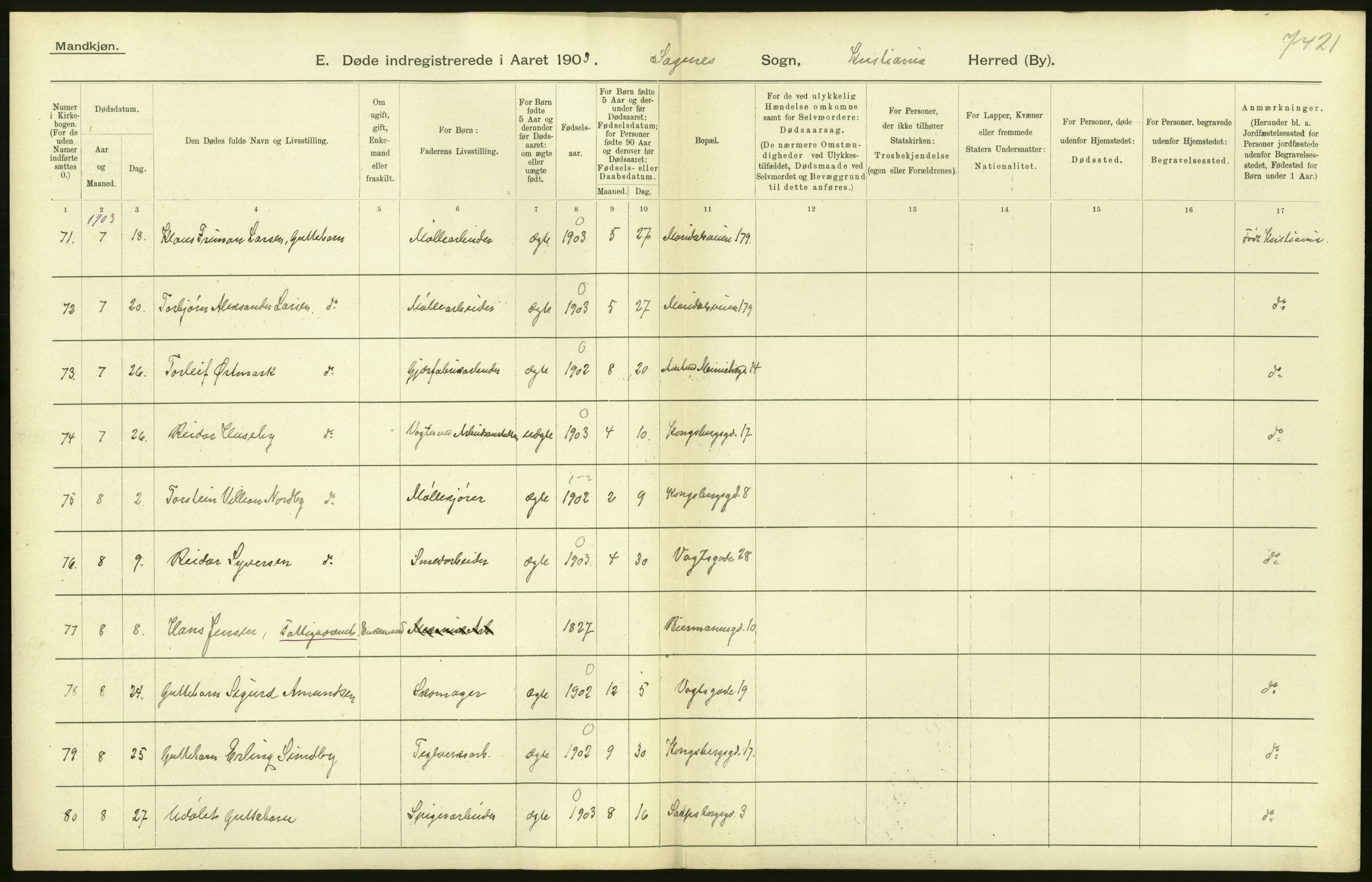 Statistisk sentralbyrå, Sosiodemografiske emner, Befolkning, AV/RA-S-2228/D/Df/Dfa/Dfaa/L0004: Kristiania: Gifte, døde, 1903, s. 84