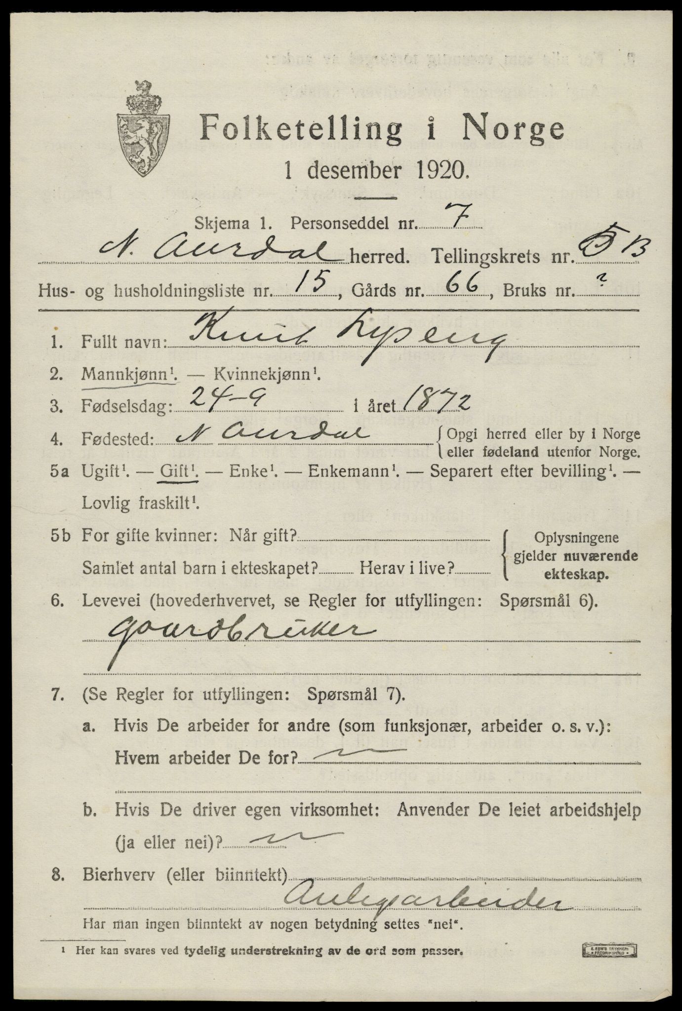 SAH, Folketelling 1920 for 0542 Nord-Aurdal herred, 1920, s. 5326