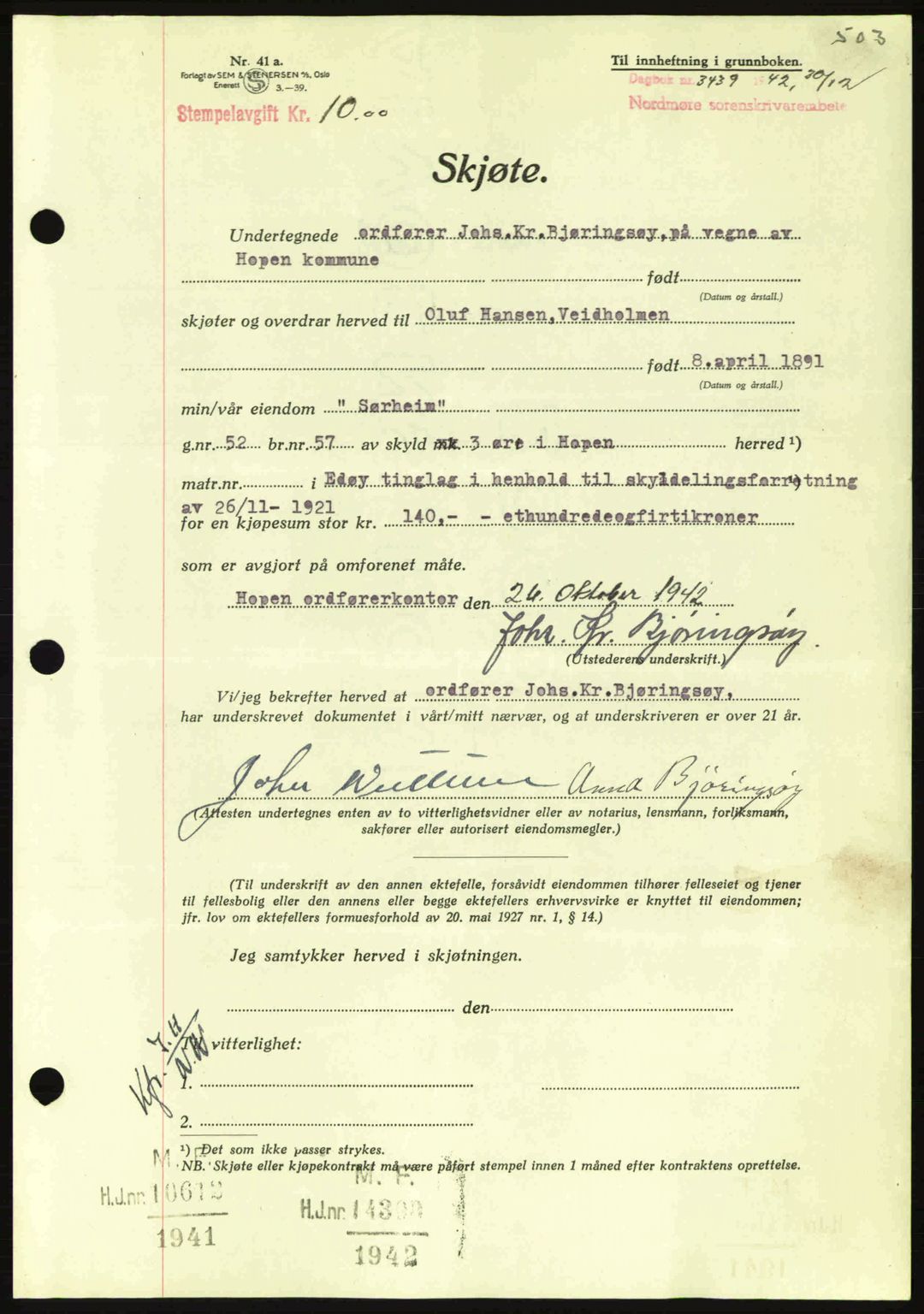 Nordmøre sorenskriveri, AV/SAT-A-4132/1/2/2Ca: Pantebok nr. A94, 1942-1943, Dagboknr: 3439/1942