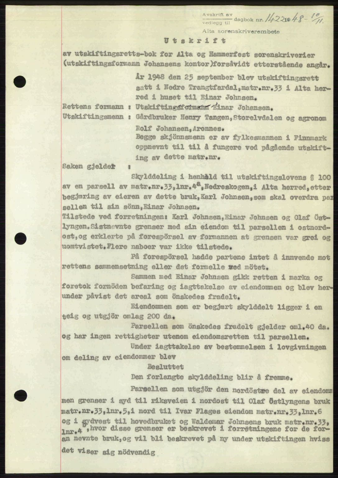 Alta fogderi/sorenskriveri, SATØ/SATØ-5/1/K/Kd/L0037pantebok: Pantebok nr. 39-40, 1948-1949, Dagboknr: 1422/1948