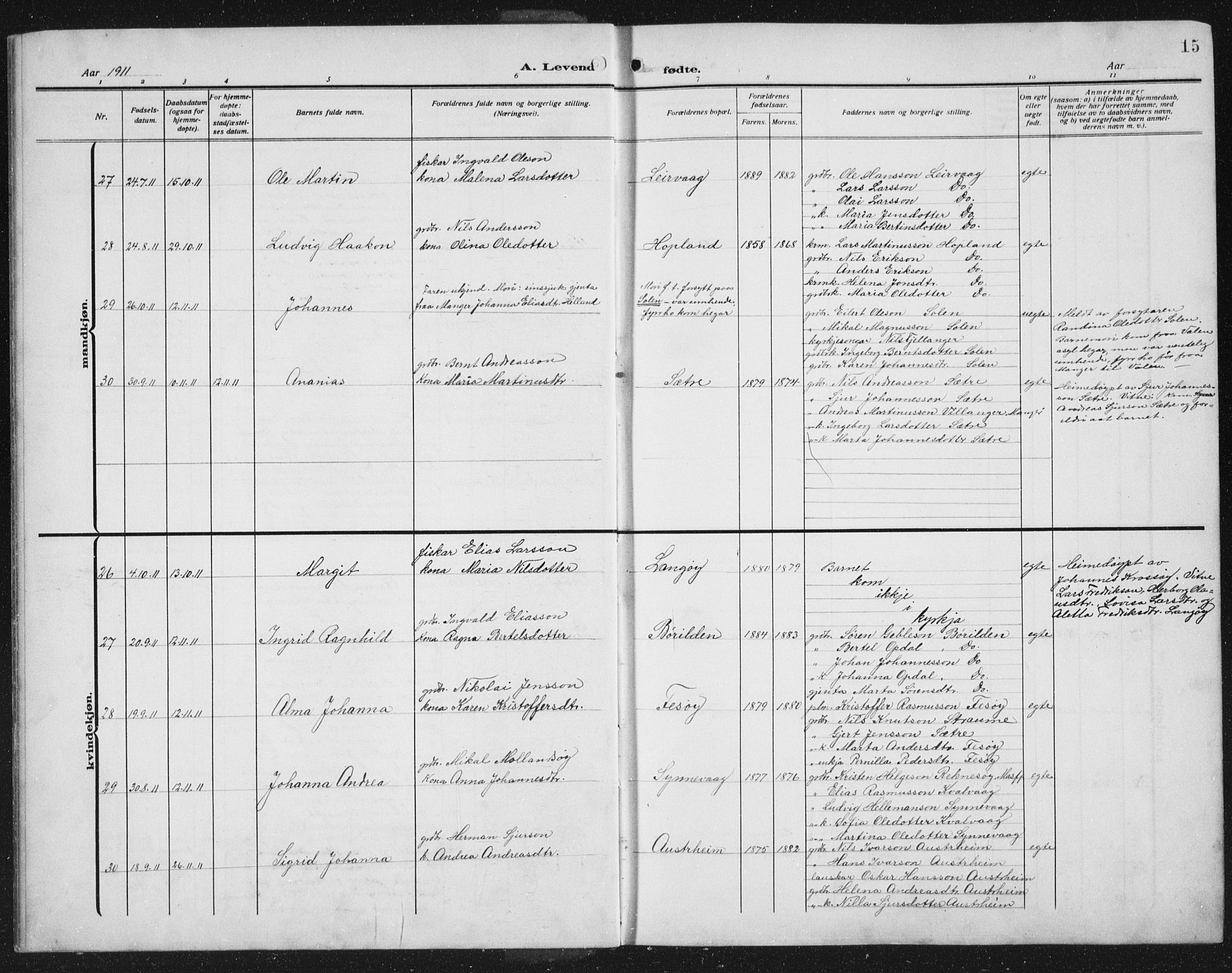 Lindås Sokneprestembete, AV/SAB-A-76701/H/Hab/Habc/L0005: Klokkerbok nr. C 5, 1910-1927, s. 15