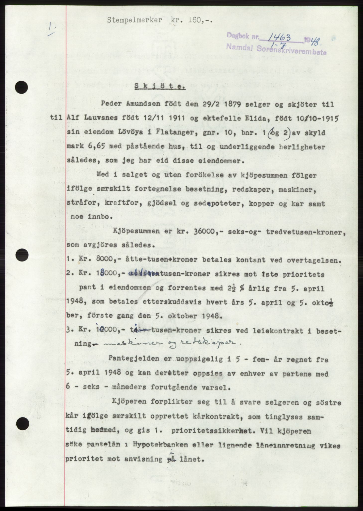 Namdal sorenskriveri, SAT/A-4133/1/2/2C: Pantebok nr. -, 1948-1948, Dagboknr: 1463/1948