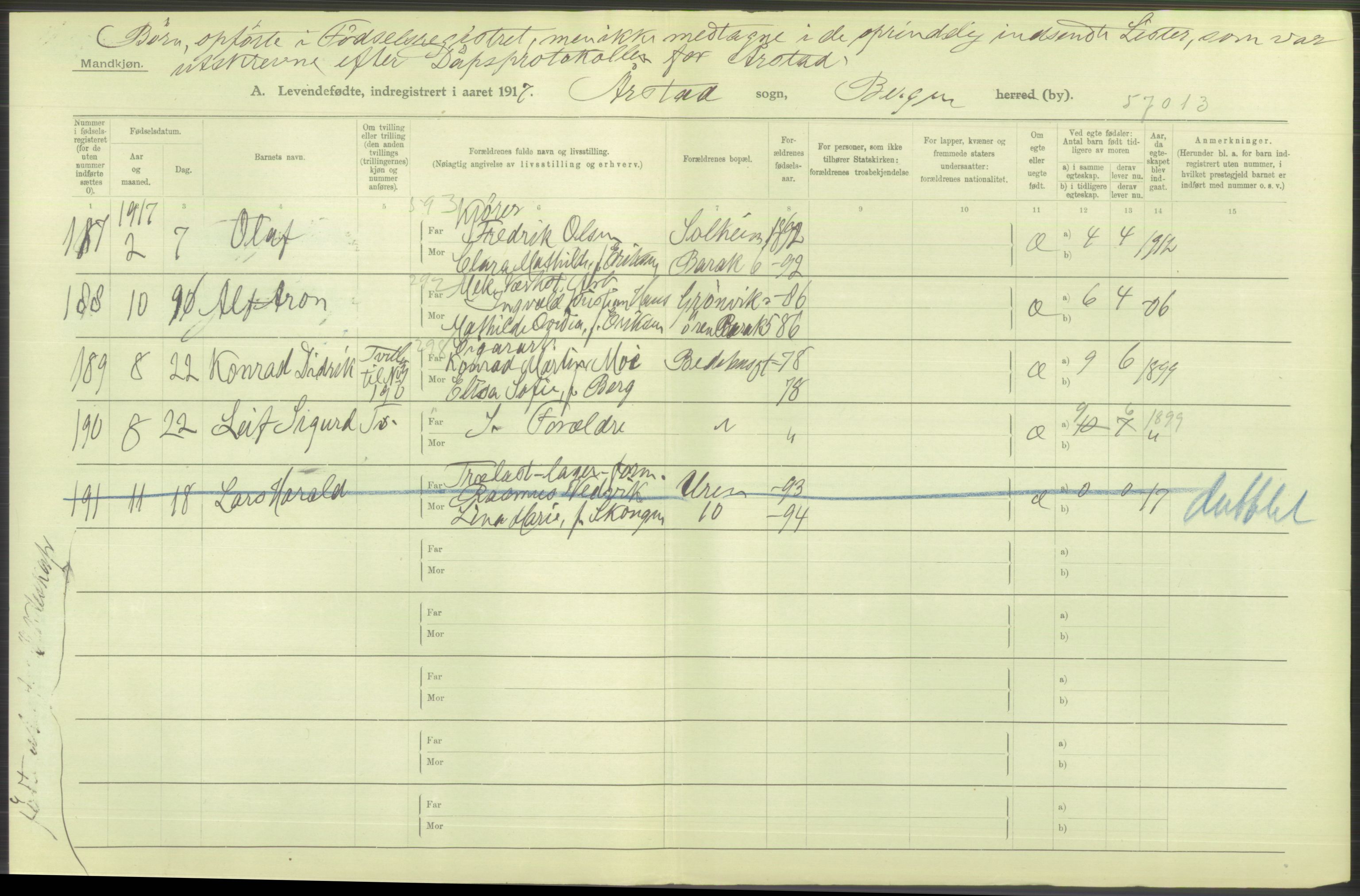 Statistisk sentralbyrå, Sosiodemografiske emner, Befolkning, AV/RA-S-2228/D/Df/Dfb/Dfbg/L0037: Bergen: Levendefødte menn og kvinner., 1917, s. 612