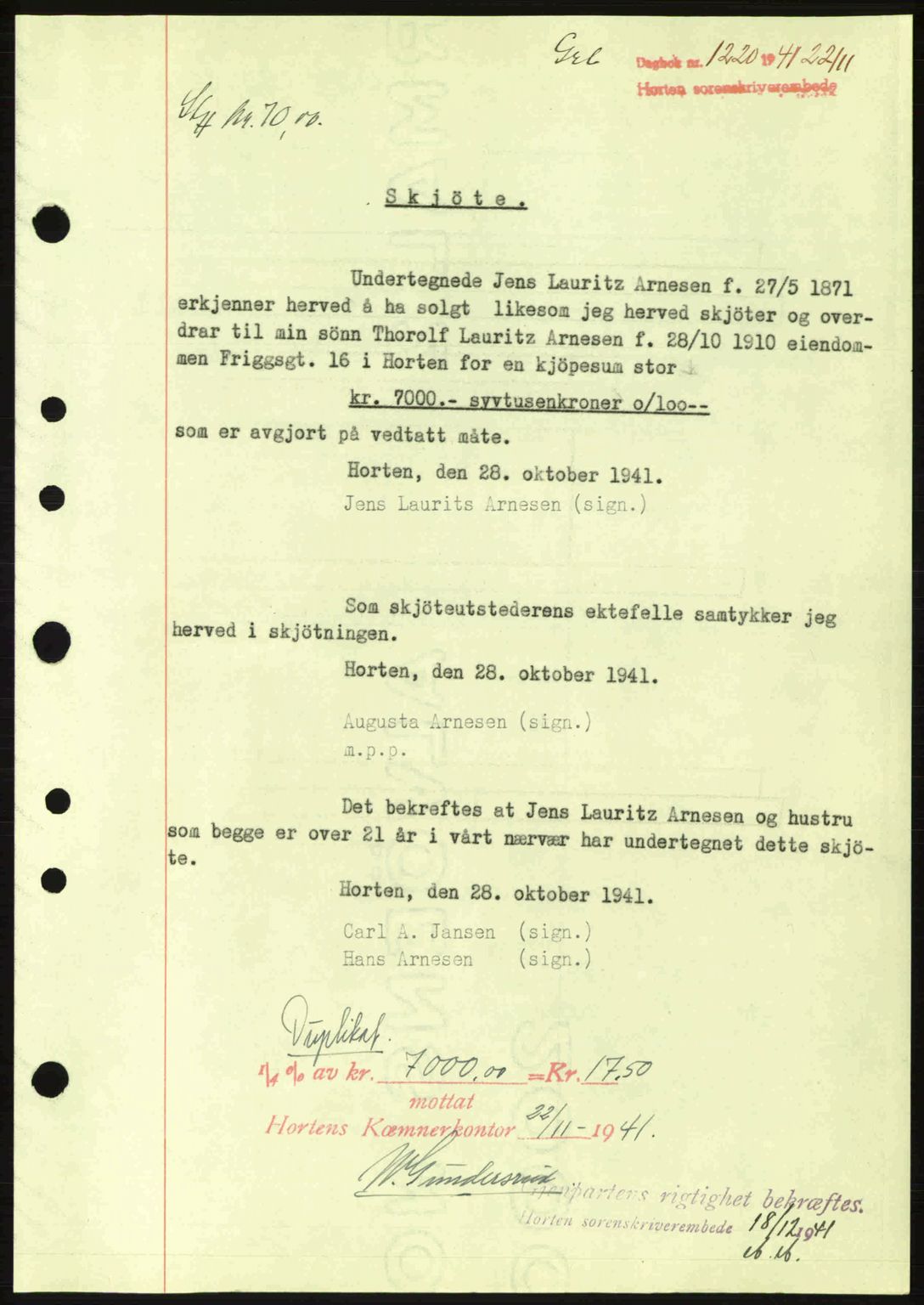 Horten sorenskriveri, SAKO/A-133/G/Ga/Gaa/L0004: Pantebok nr. A-4, 1940-1942, Dagboknr: 1220/1941