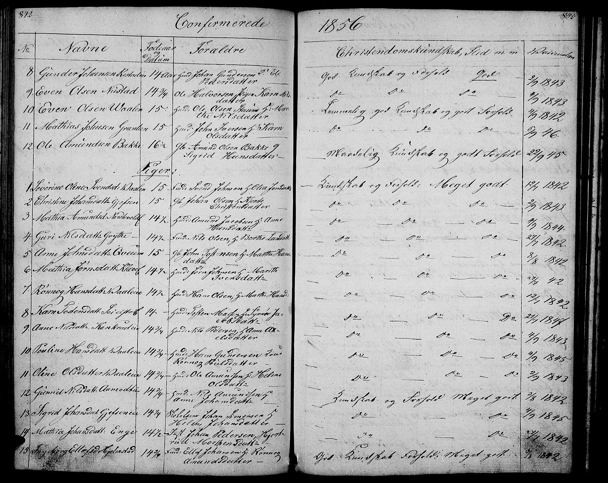 Gausdal prestekontor, SAH/PREST-090/H/Ha/Hab/L0004: Klokkerbok nr. 4, 1835-1870, s. 842-843