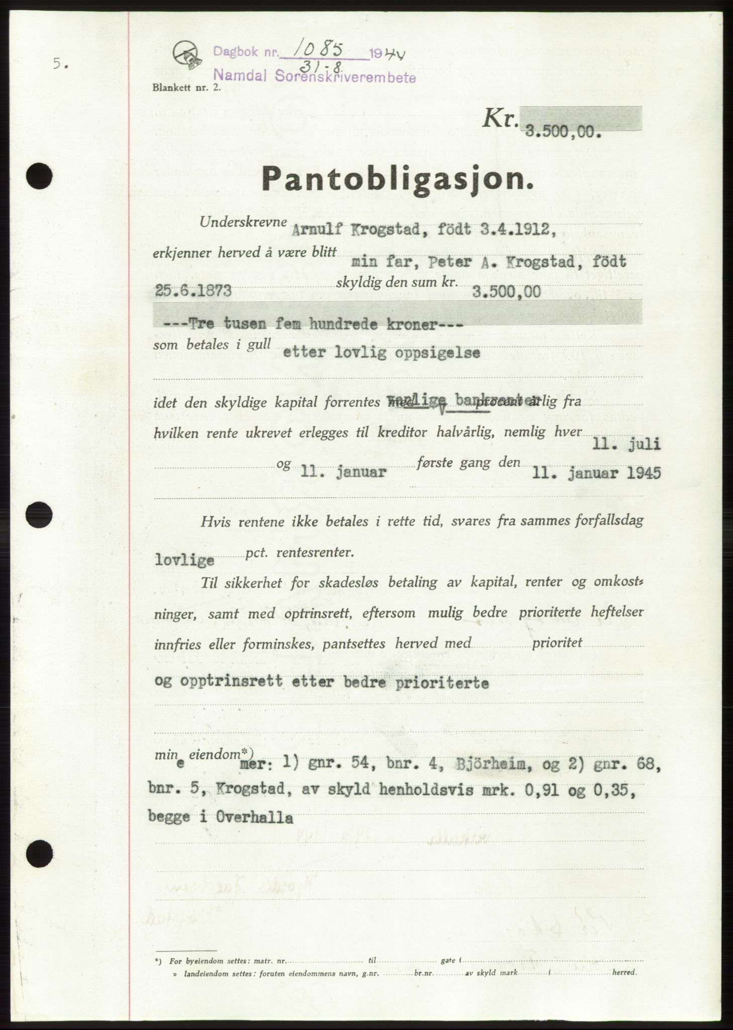 Namdal sorenskriveri, SAT/A-4133/1/2/2C: Pantebok nr. -, 1944-1945, Dagboknr: 1085/1944