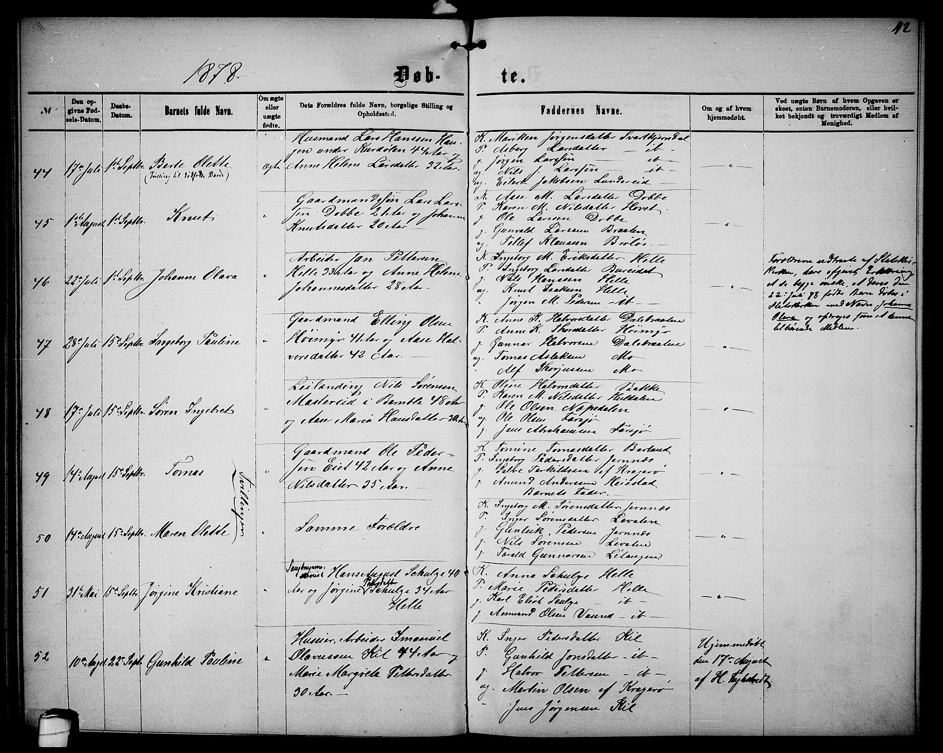 Sannidal kirkebøker, AV/SAKO-A-296/G/Ga/L0002: Klokkerbok nr. 2, 1875-1886, s. 42