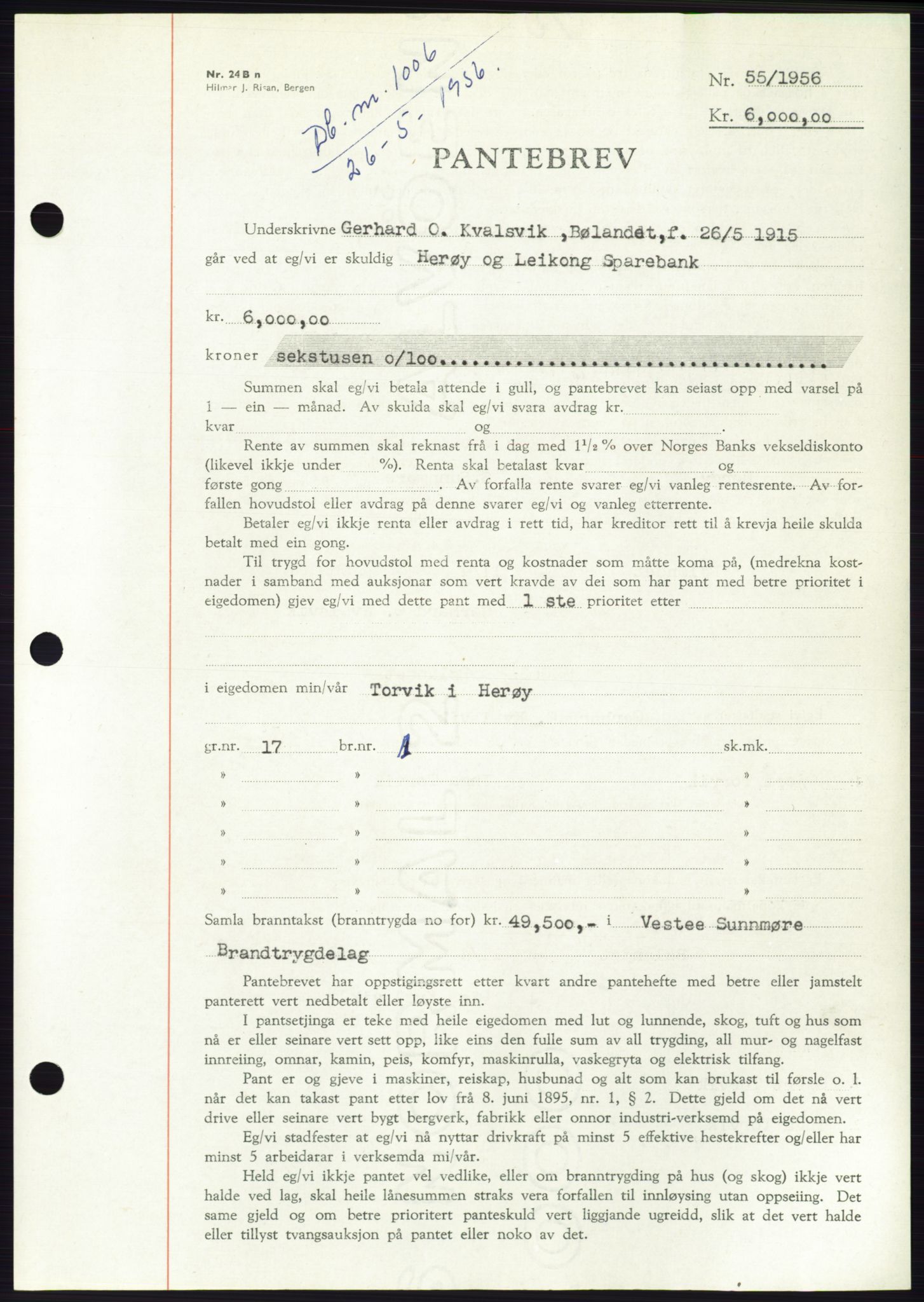Søre Sunnmøre sorenskriveri, SAT/A-4122/1/2/2C/L0128: Pantebok nr. 16B, 1956-1956, Dagboknr: 1006/1956